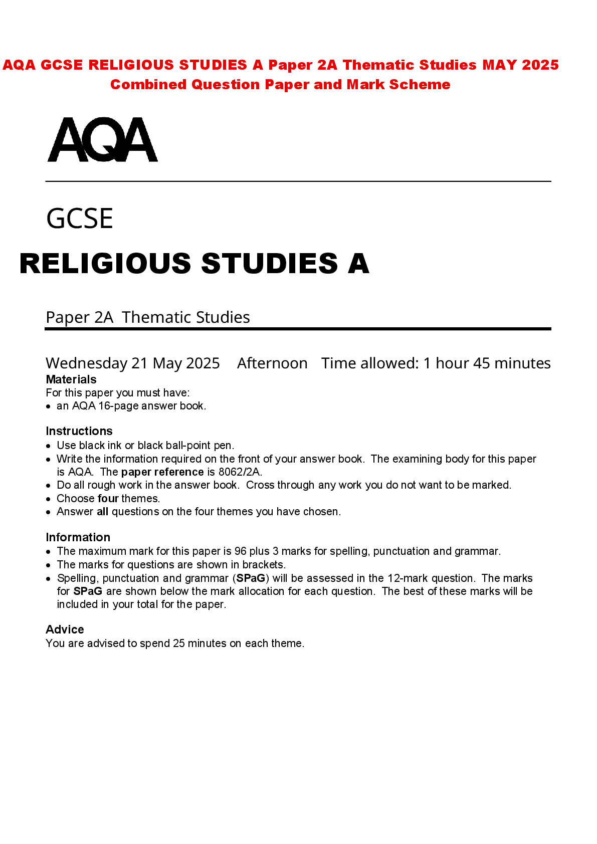 Preview of AQA GCSE RELIGIOUS STUDIES A Paper 2A Thematic Studies MAY 2025 Combined Question Paper an