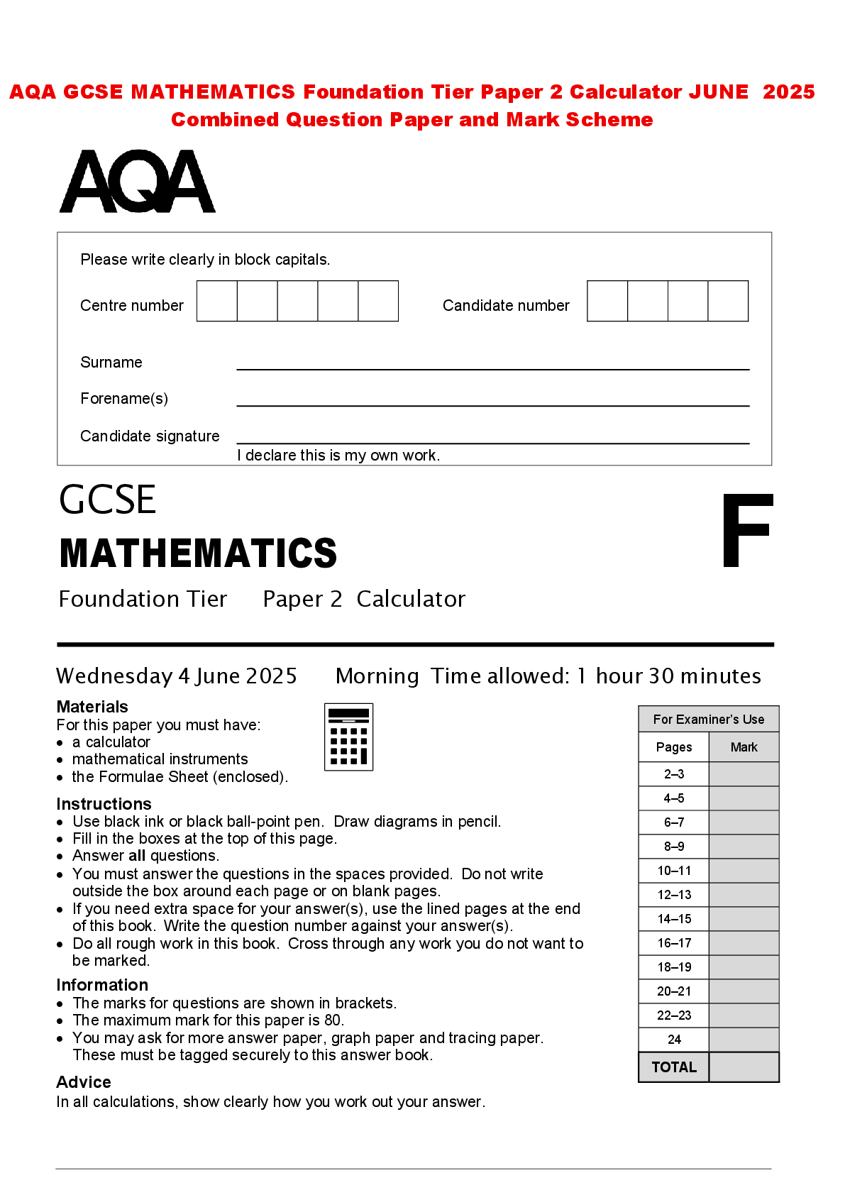 Recommended document preview for AQA GCSE MATHEMATICS Foundation Tier Paper 2 Calculator JUNE 2025 Combined Question Paper and Mark Scheme