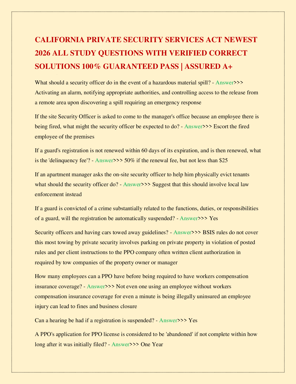 Recommended document preview for CALIFORNIA PRIVATE SECURITY SERVICES ACT NEWEST 2026 ALL STUDY QUESTIONS WITH VERIFIED CORRECT SOLUTIONS 100% GUARANTEED PASS | ASSURED A+