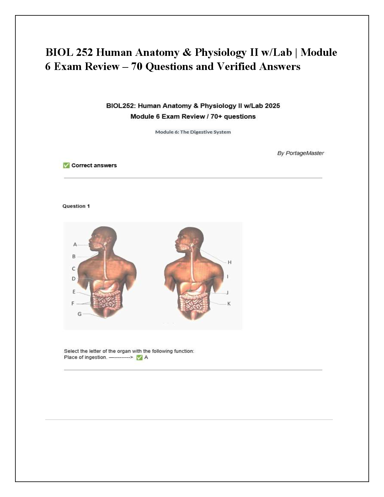 Preview of BIOL 252 Human Anatomy & Physiology II w/Lab | Module  6 Exam Review – 70 Questions and Ve