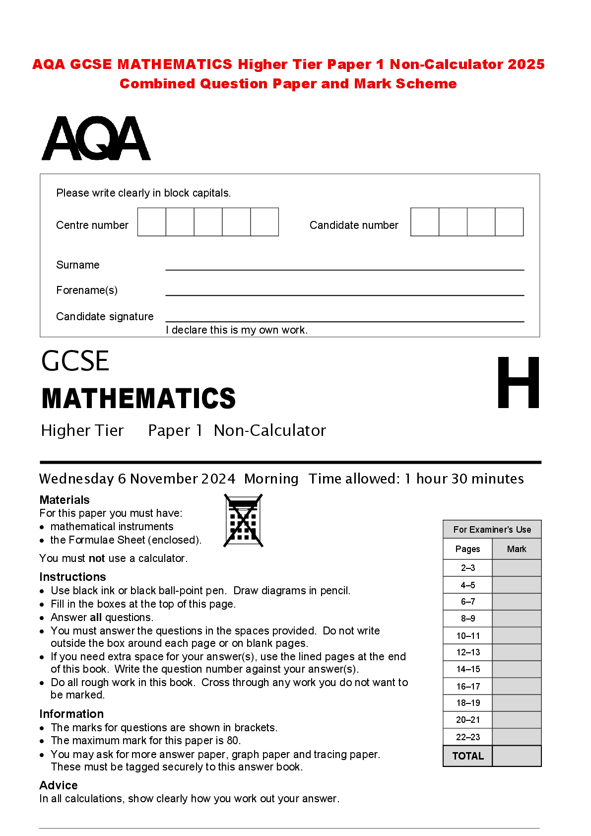 Recommended document preview for AQA GCSE MATHEMATICS Higher Tier Paper 1 Non-Calculator 2025 Combined Question Paper and Mark Scheme