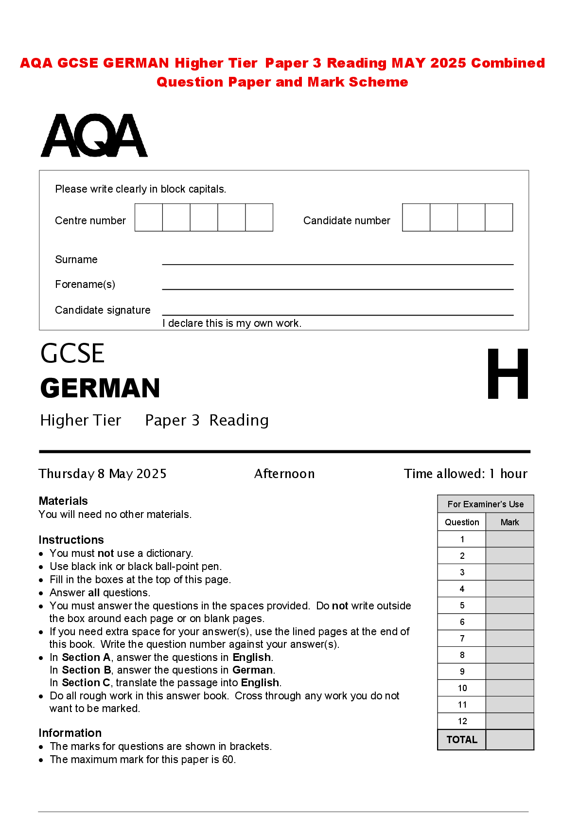 Recommended document preview for AQA GCSE GERMAN Higher Tier Paper 3 Reading MAY 2025 Combined Question Paper and Mark Scheme