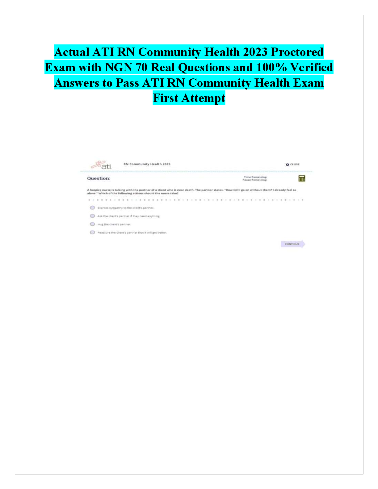 Recommended document preview for Actual ATI RN Community Health 2023 Proctored  Exam with NGN 70 Real Questions and 100% Verified  Answers to Pass ATI RN Community Health Exam  First Attempt