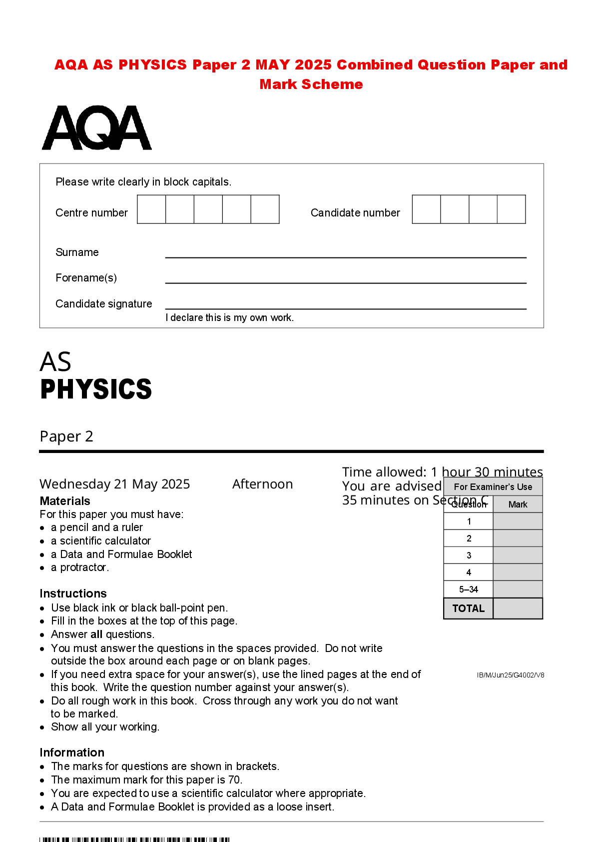 Recommended document preview for AQA AS PHYSICS Paper 2 MAY 2025 Combined Question Paper and Mark Scheme