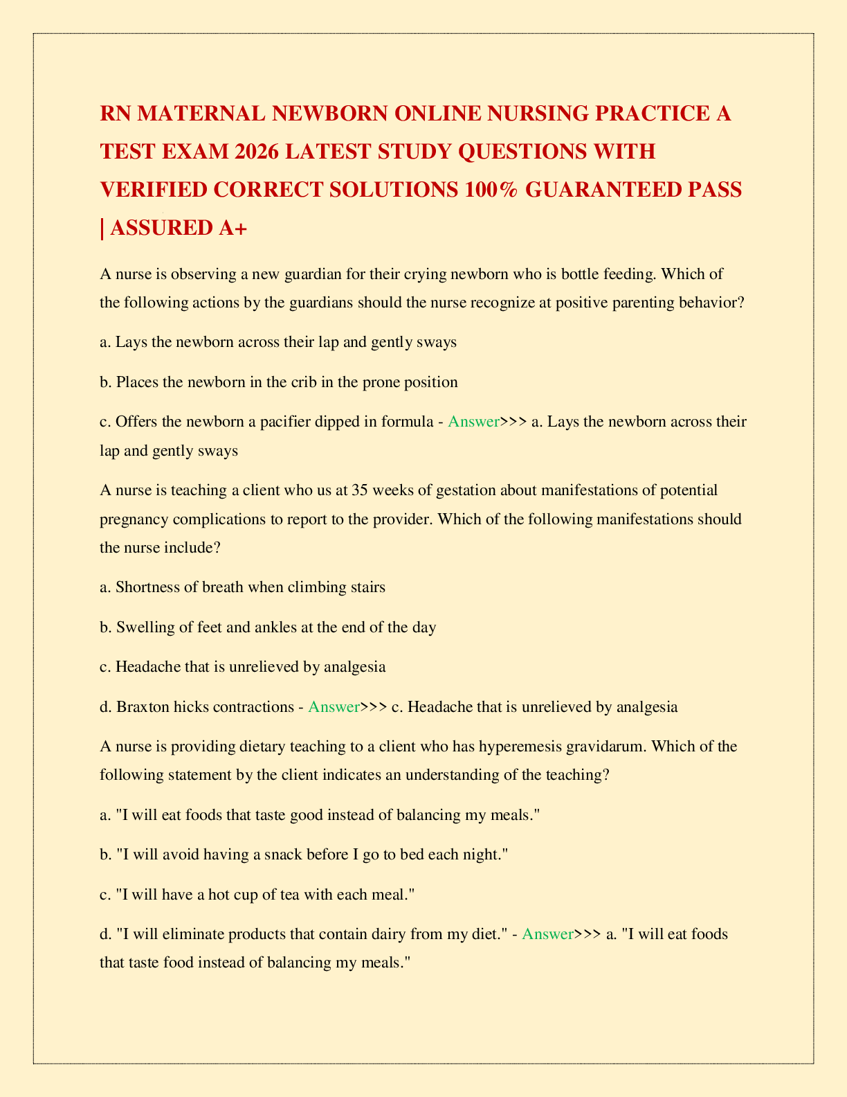 RN MATERNAL NEWBORN ONLINE NURSING PRACTICE A TEST EXAM 2026 LATEST STUDY QUESTIONS WITH VERIFIED CORRECT SOLUTIONS 100% GUARANTEED PASS | ASSURED A+