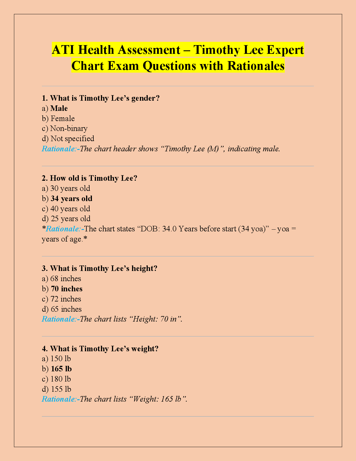 Recommended document preview for ATI Health Assessment – Timothy Lee Expert  Chart Exam Questions with Rationales