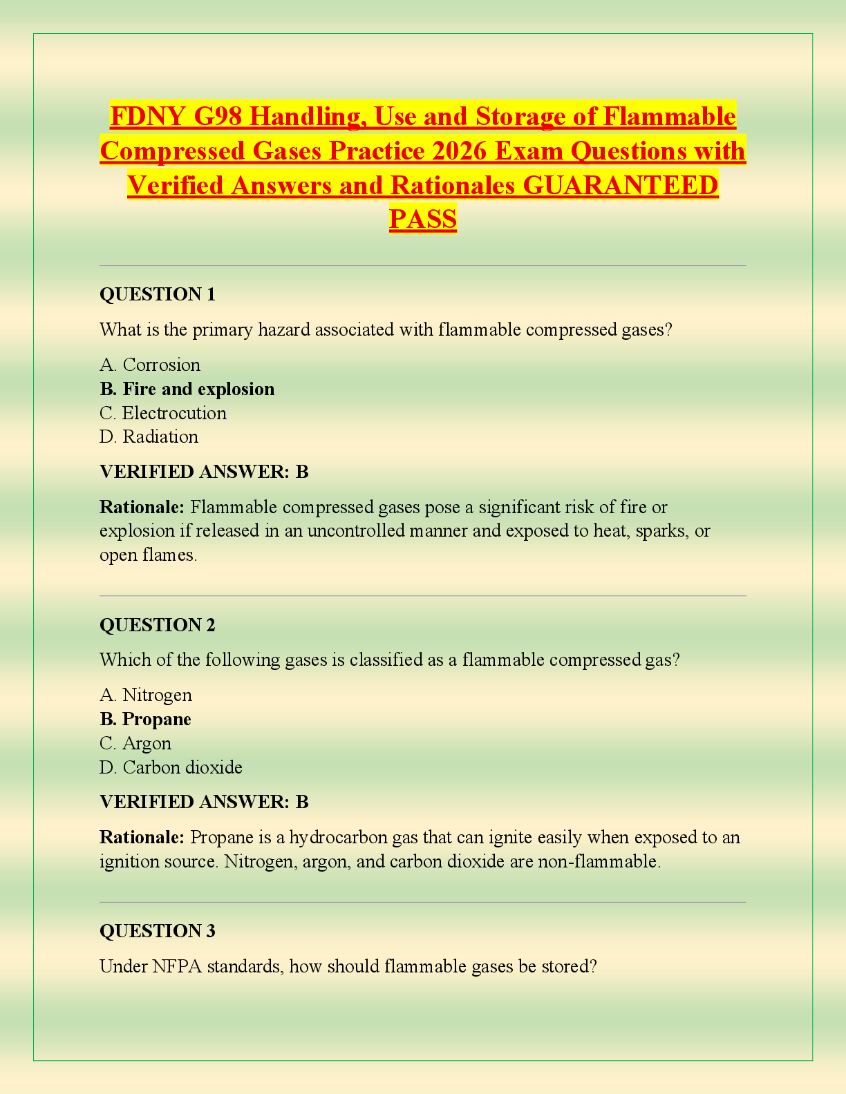 Recommended document preview for FDNY G98 Handling, Use and Storage of Flammable  Compressed Gases Practice 2026 Exam Questions with  Verified Answers and Rationales GUARANTEED  PASS