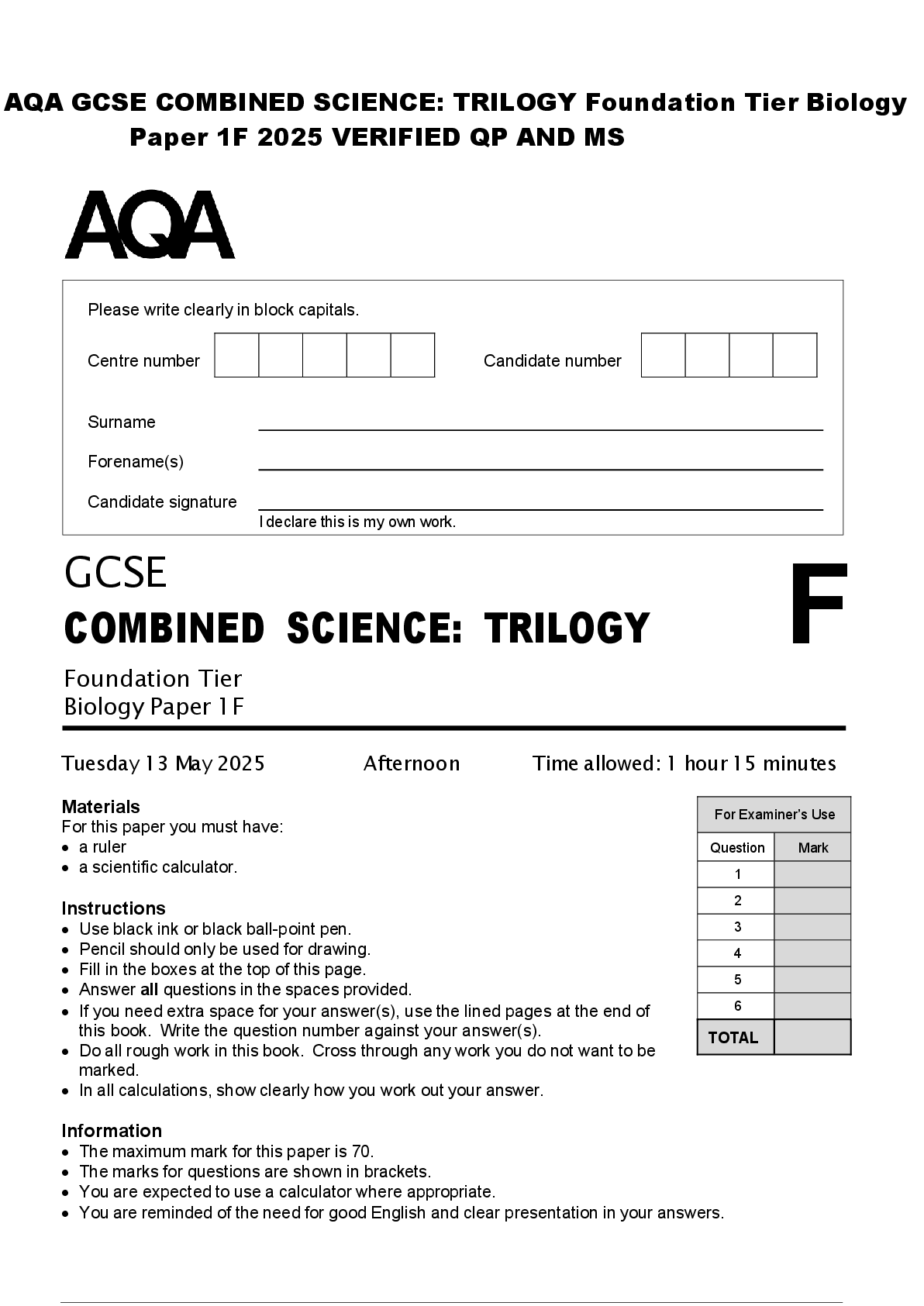 Preview of AQA GCSE COMBINED SCIENCE: TRILOGY Foundation Tier Biology  Paper 1F 2025 VERIFIED QP AND