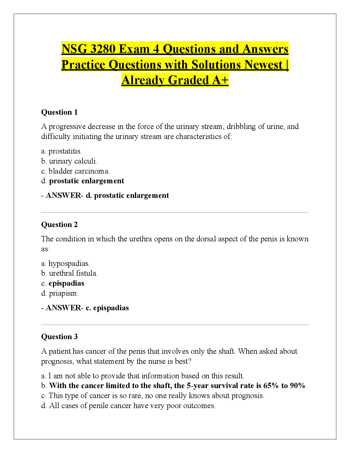Preview of NSG 3280 Exam 4 Questions and Answers  Practice Questions with Solutions Newest |  Already