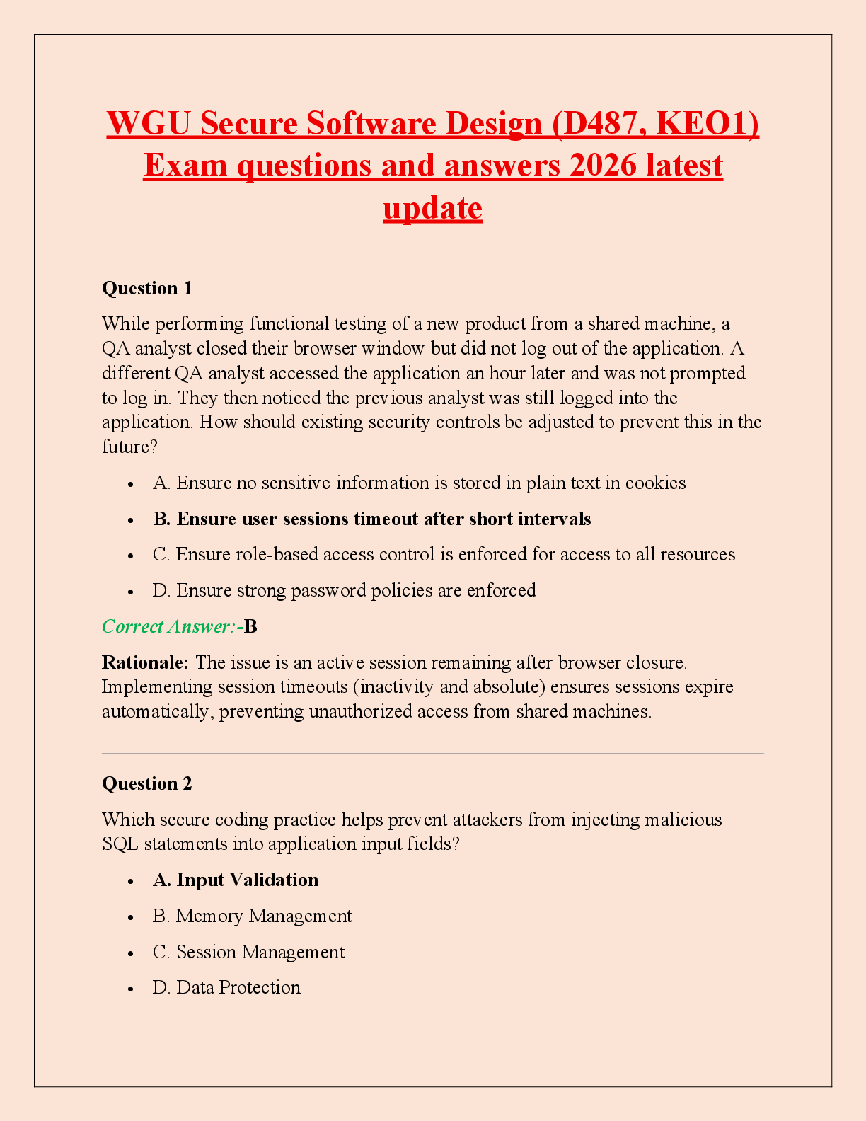 Preview of WGU Secure Software Design (D487, KEO1)  Exam questions and answers 2026 latest  update