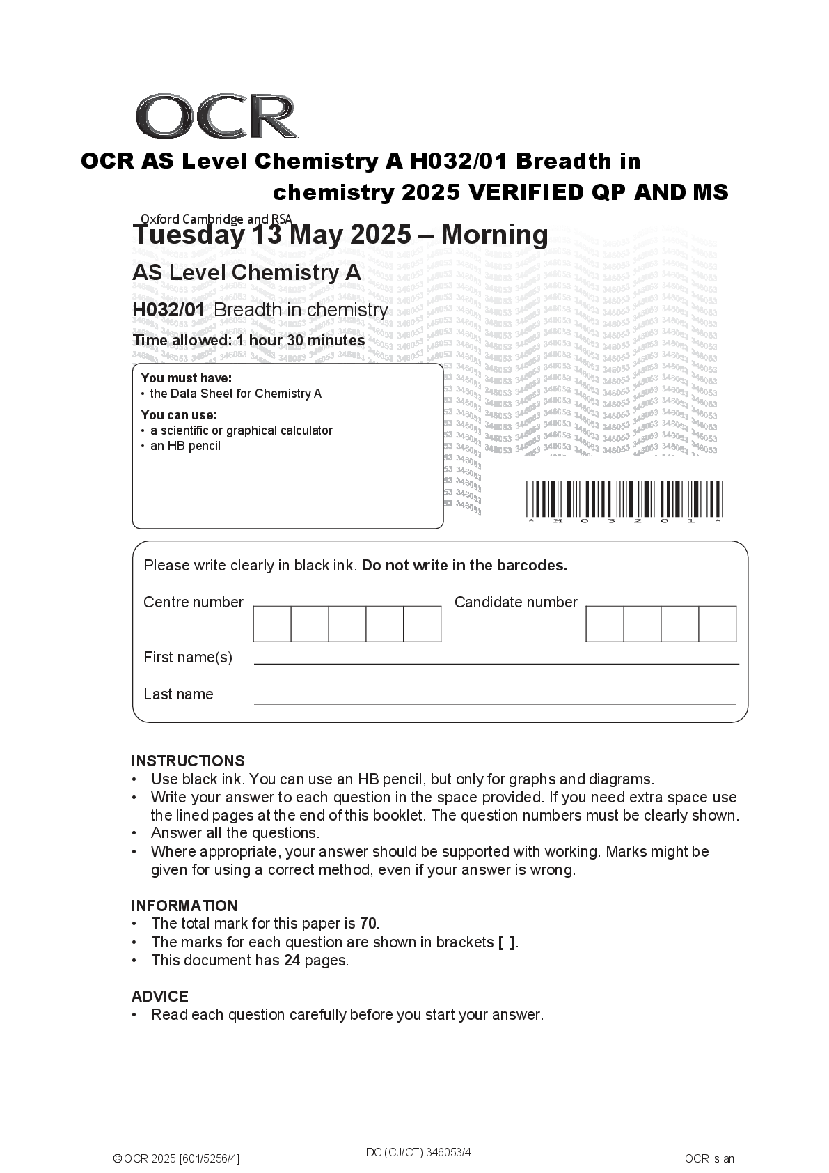 Preview of OCR AS Level Chemistry A H032/01 Breadth in  chemistry 2025 VERIFIED QP AND MS
