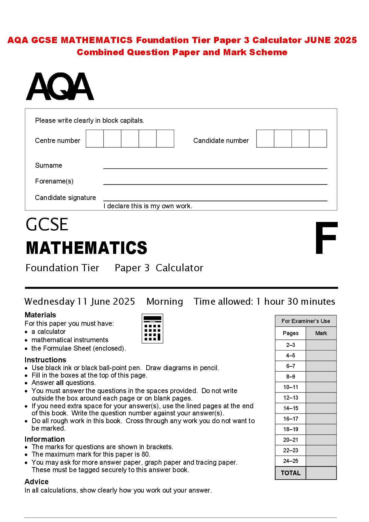 Recommended document preview for AQA GCSE MATHEMATICS Foundation Tier Paper 3 Calculator JUNE 2025 Combined Question Paper and Mark Scheme