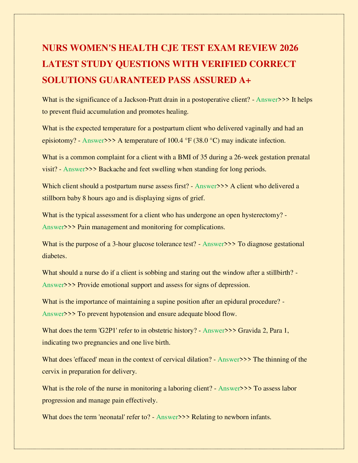 Recommended document preview for NURS WOMEN'S HEALTH CJE TEST EXAM REVIEW 2026 LATEST STUDY QUESTIONS WITH VERIFIED CORRECT SOLUTIONS GUARANTEED PASS ASSURED A+