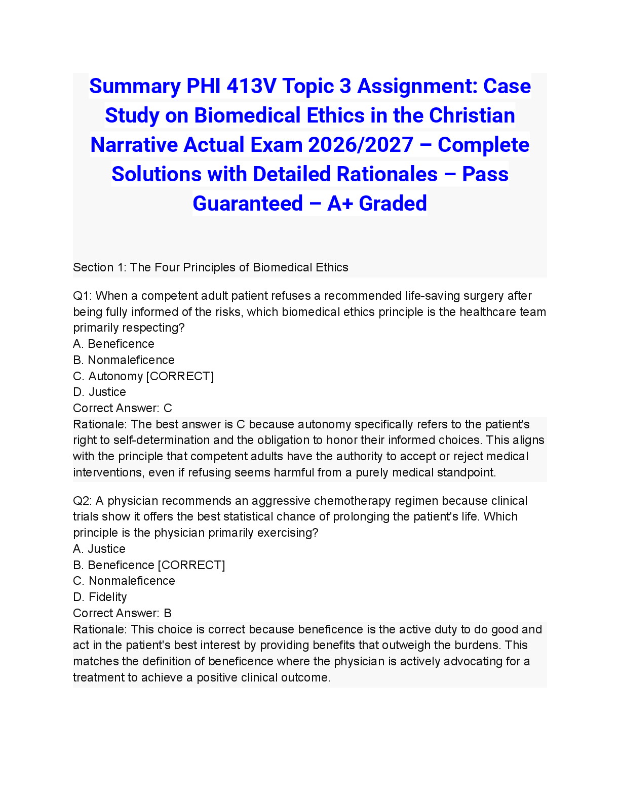 Recommended document preview for Summary PHI 413V Topic 3 Assignment: Case Study on Biomedical Ethics in the Christian Narrative Actual Exam 2026/2027 – Complete Solutions with Detailed Rationales – Pass Guaranteed – A+ Graded
