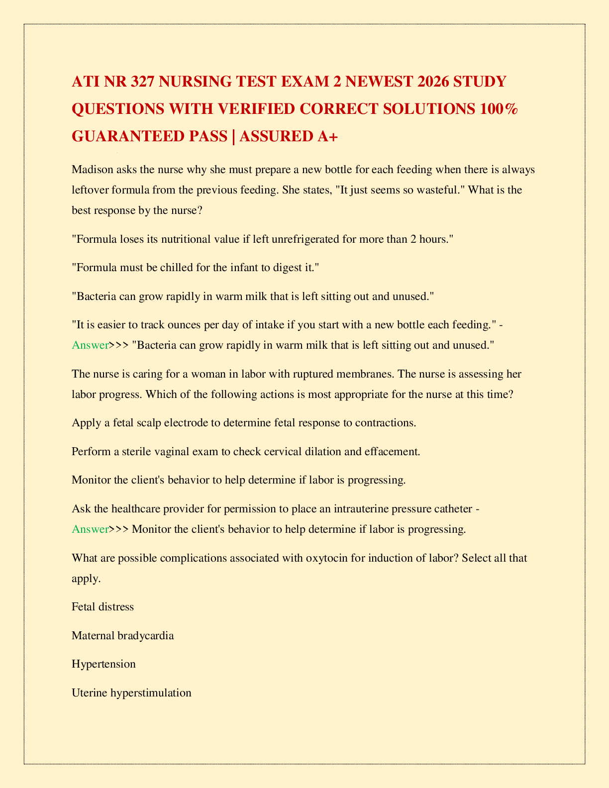 Recommended document preview for ATI NR 327 NURSING TEST EXAM 2 NEWEST 2026 STUDY QUESTIONS WITH VERIFIED CORRECT SOLUTIONS 100% GUARANTEED PASS | ASSURED A+
