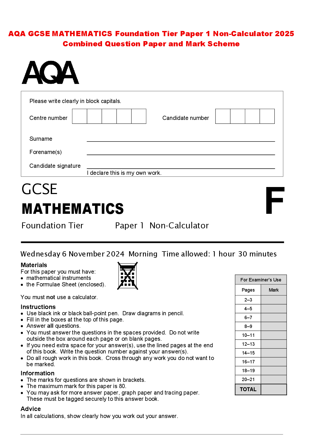 Recommended document preview for AQA GCSE MATHEMATICS Foundation Tier Paper 1 Non-Calculator 2025 Combined Question Paper and Mark Scheme