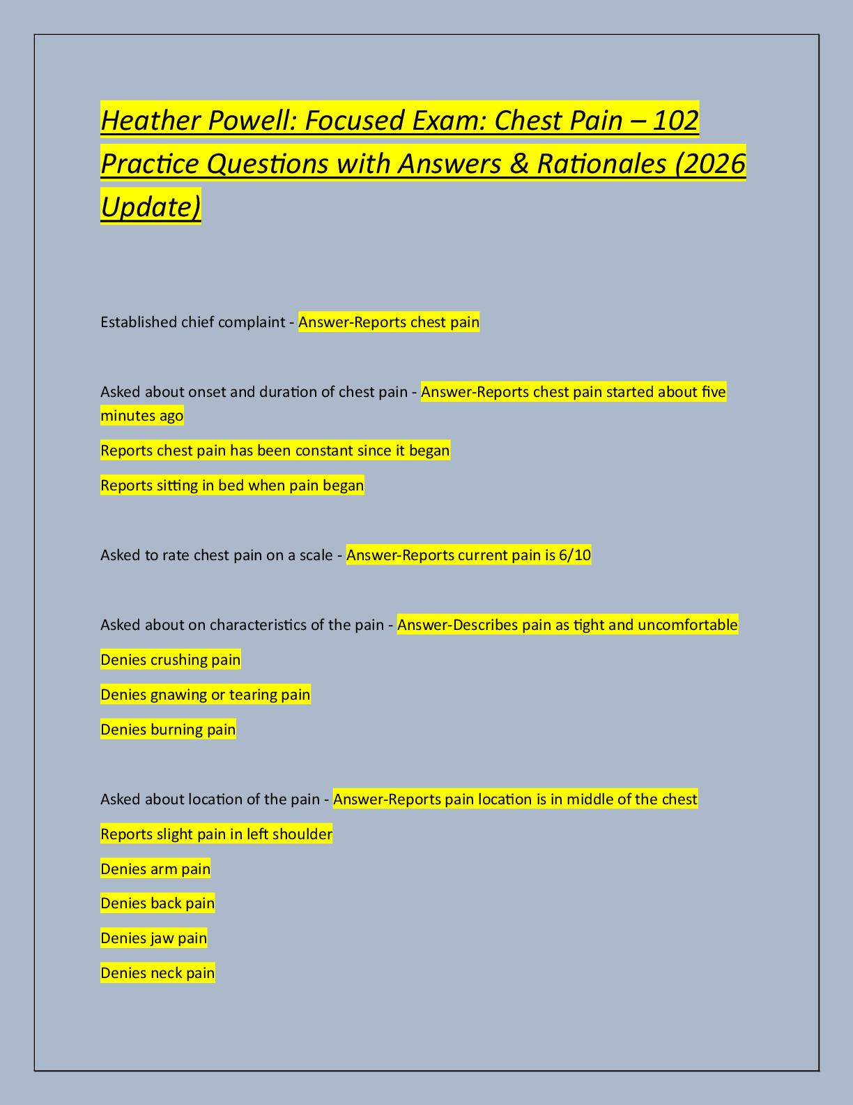 Preview of Heather Powell: Focused Exam: Chest Pain – 102  Practice Questions with Answers & Rational