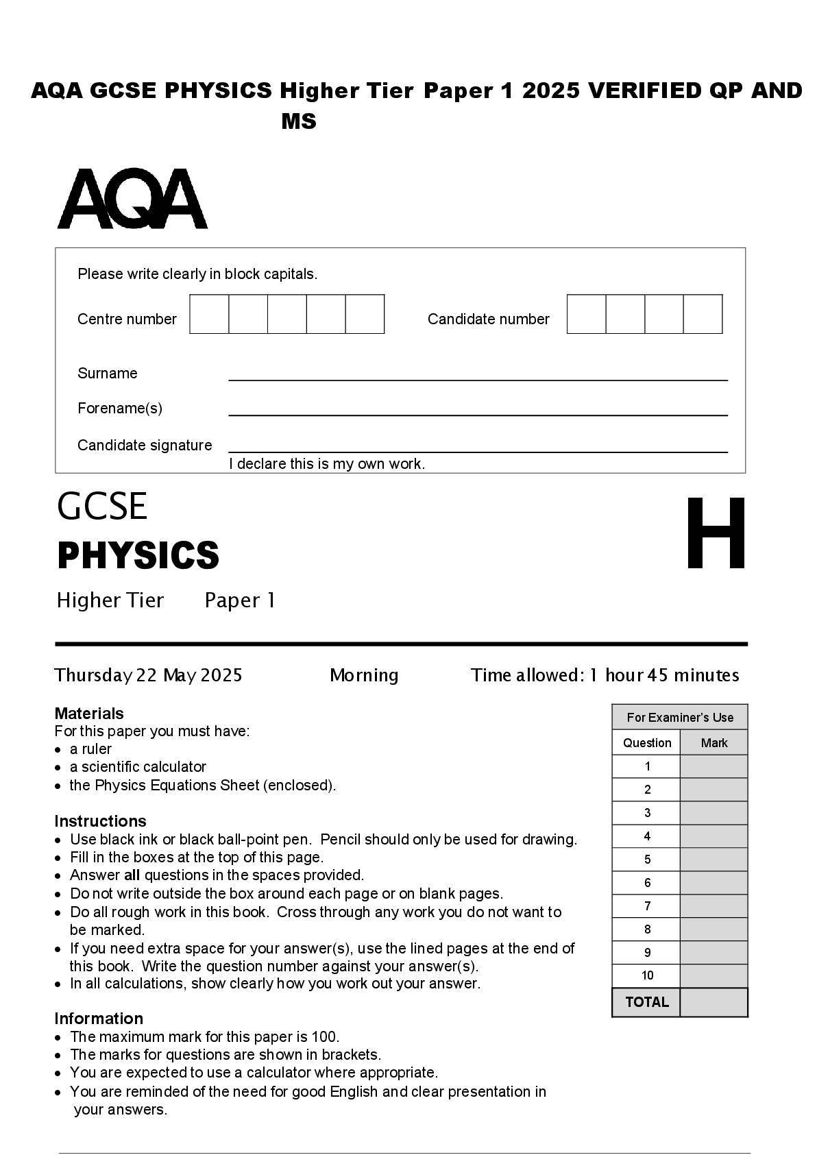 Preview of AQA GCSE PHYSICS Higher Tier Paper 1 2025 VERIFIED QP AND  MS