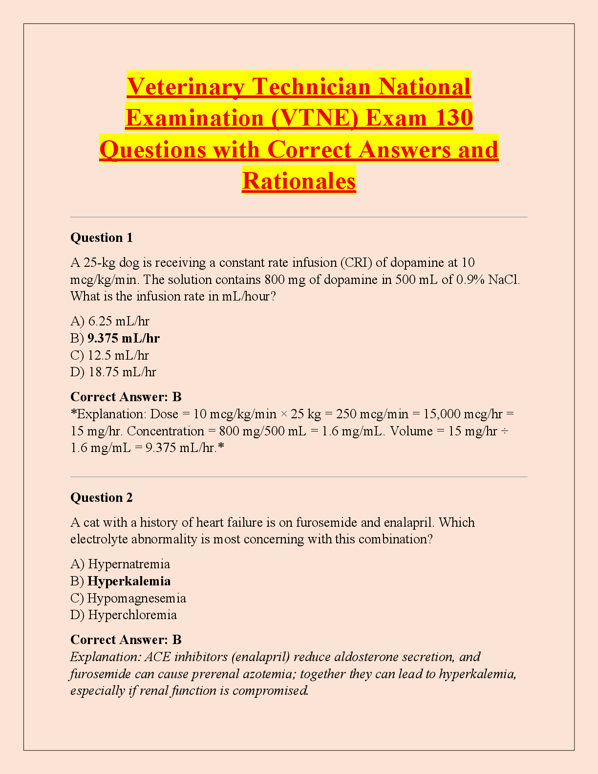 Recommended document preview for Veterinary Technician National  Examination (VTNE) Exam 130  Questions with Correct Answers and  Rationales