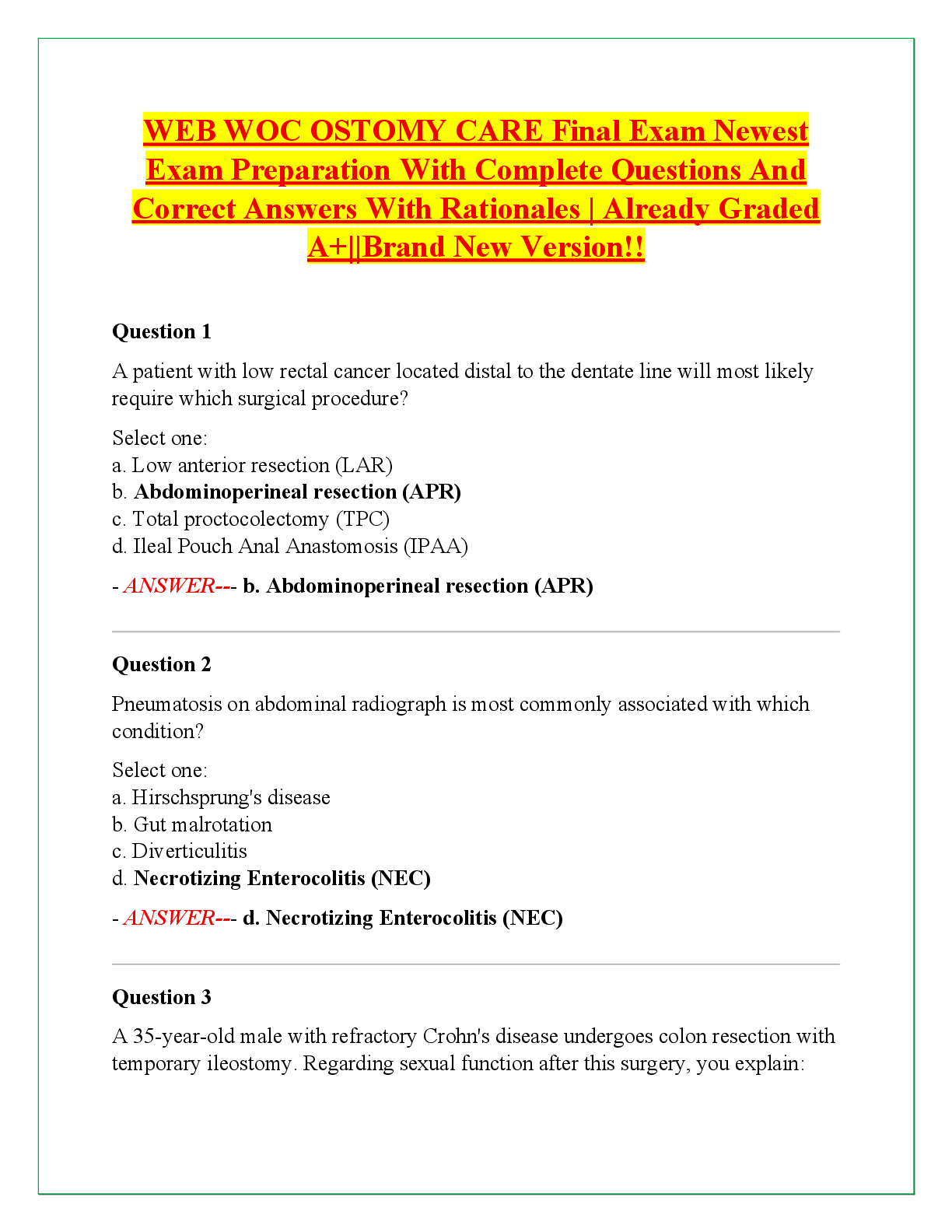 Recommended document preview for WEB WOC OSTOMY CARE Final Exam Newest  Exam Preparation With Complete Questions And  Correct Answers With Rationales | Already Graded  A+||Brand New Version!!