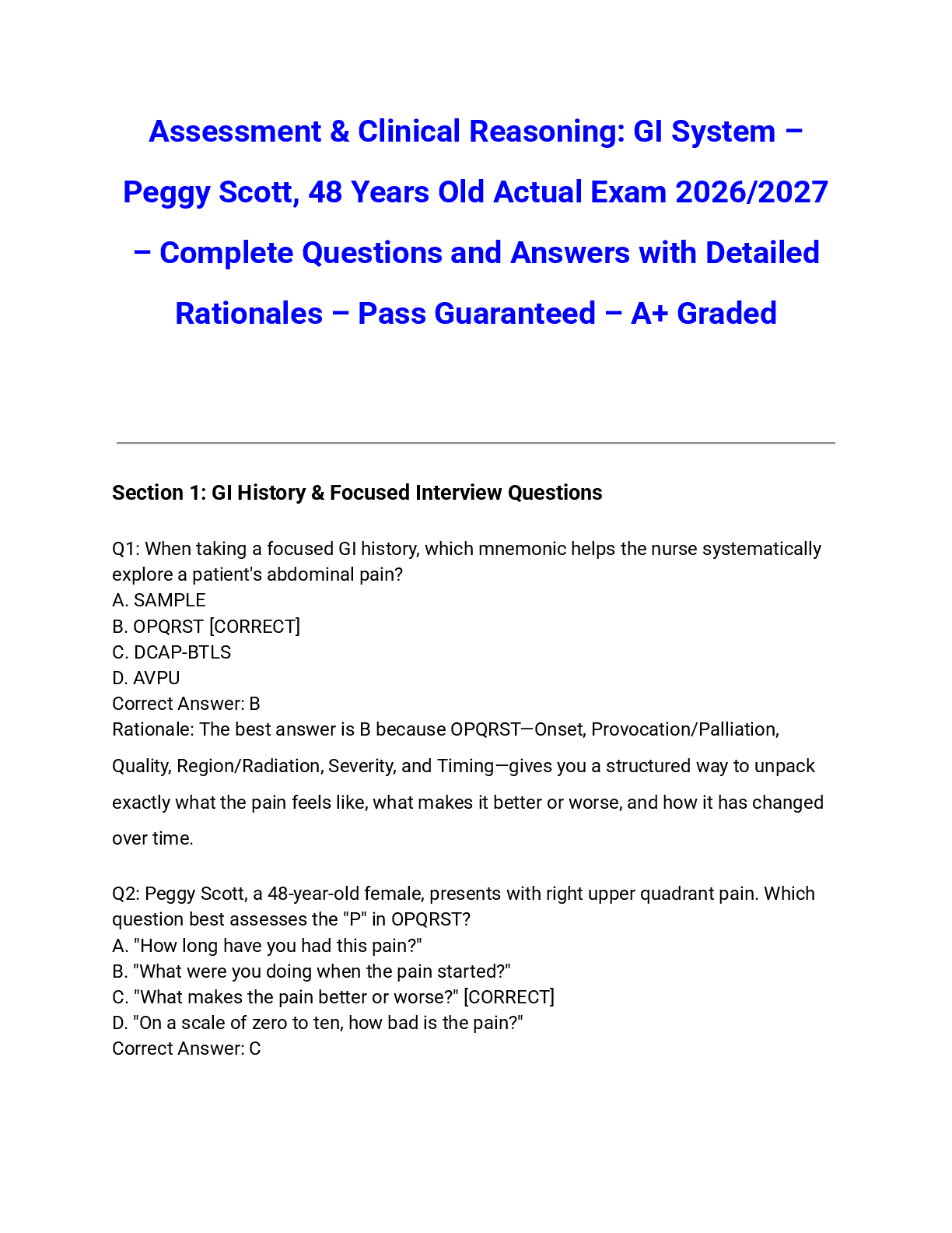 Recommended document preview for Assessment & Clinical Reasoning: GI System – Peggy Scott, 48 Years Old Actual Exam 2026/2027 – Complete Questions and Answers with Detailed Rationales – Pass Guaranteed – A+ Graded