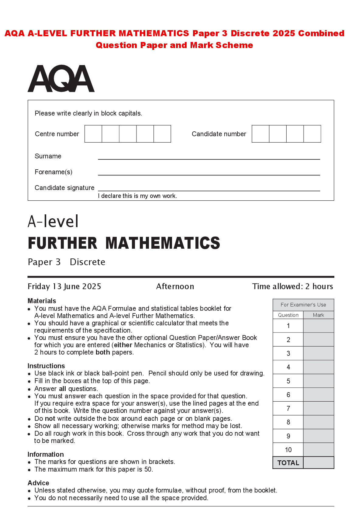 Preview of AQA A-LEVEL FURTHER MATHEMATICS Paper 3 Discrete 2025 Combined Question Paper and Mark Sch