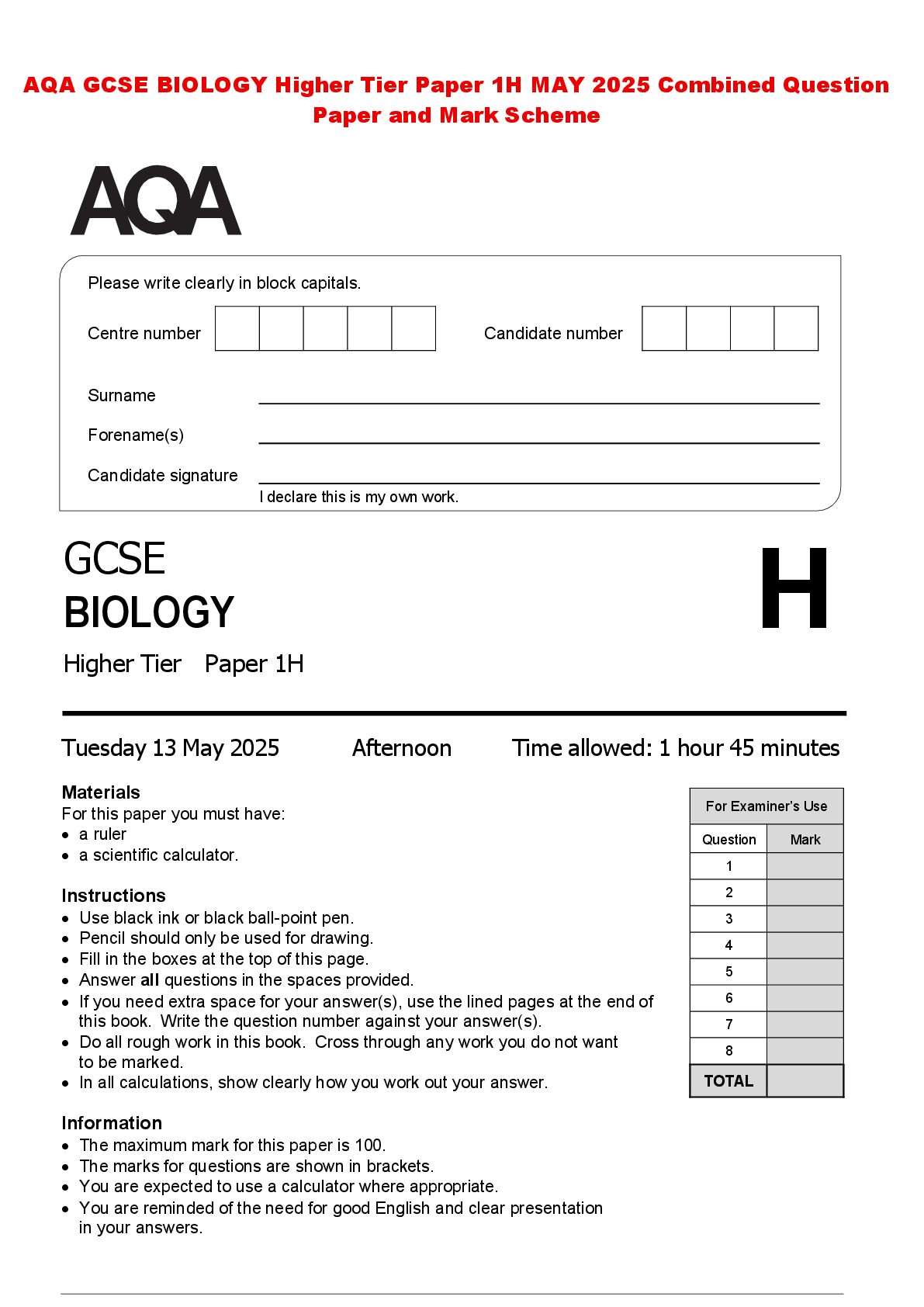 Recommended document preview for AQA GCSE BIOLOGY Higher Tier Paper 1H MAY 2025 Combined Question Paper and Mark Scheme