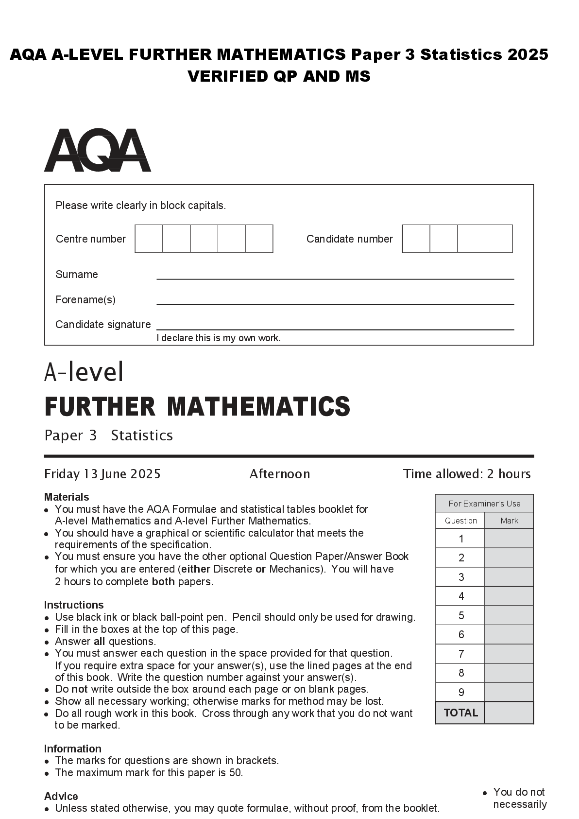 Preview of AQA A-LEVEL FURTHER MATHEMATICS Paper 3 Statistics 2025  VERIFIED QP AND MS