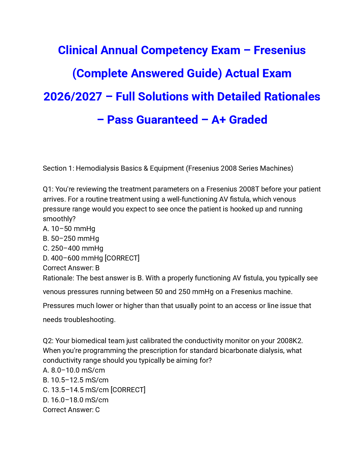 Recommended document preview for Clinical Annual Competency Exam – Fresenius (Complete Answered Guide) Actual Exam 2026/2027 – Full Solutions with Detailed Rationales – Pass Guaranteed – A+ Graded