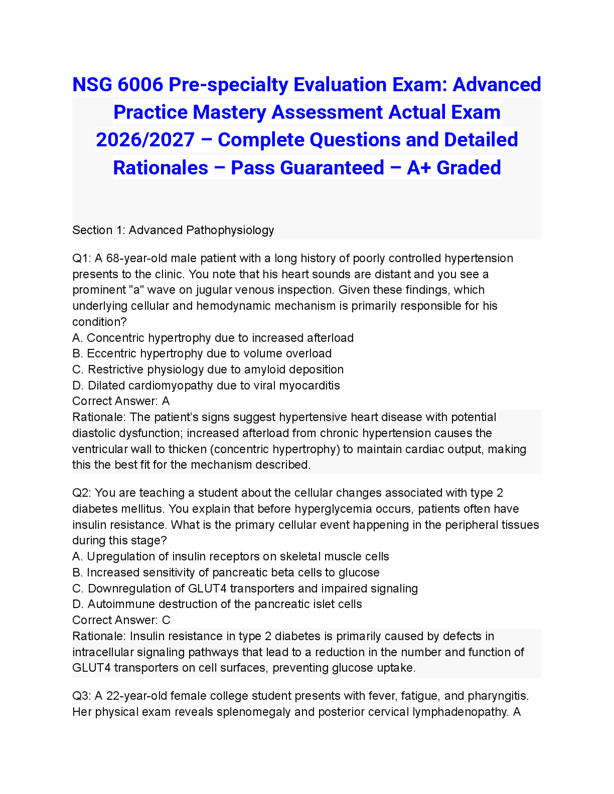 NSG 6006 Pre-specialty Evaluation Exam: Advanced Practice Mastery Assessment Actual Exam 2026/2027 – Complete Questions and Detailed Rationales – Pass Guaranteed – A+ Graded