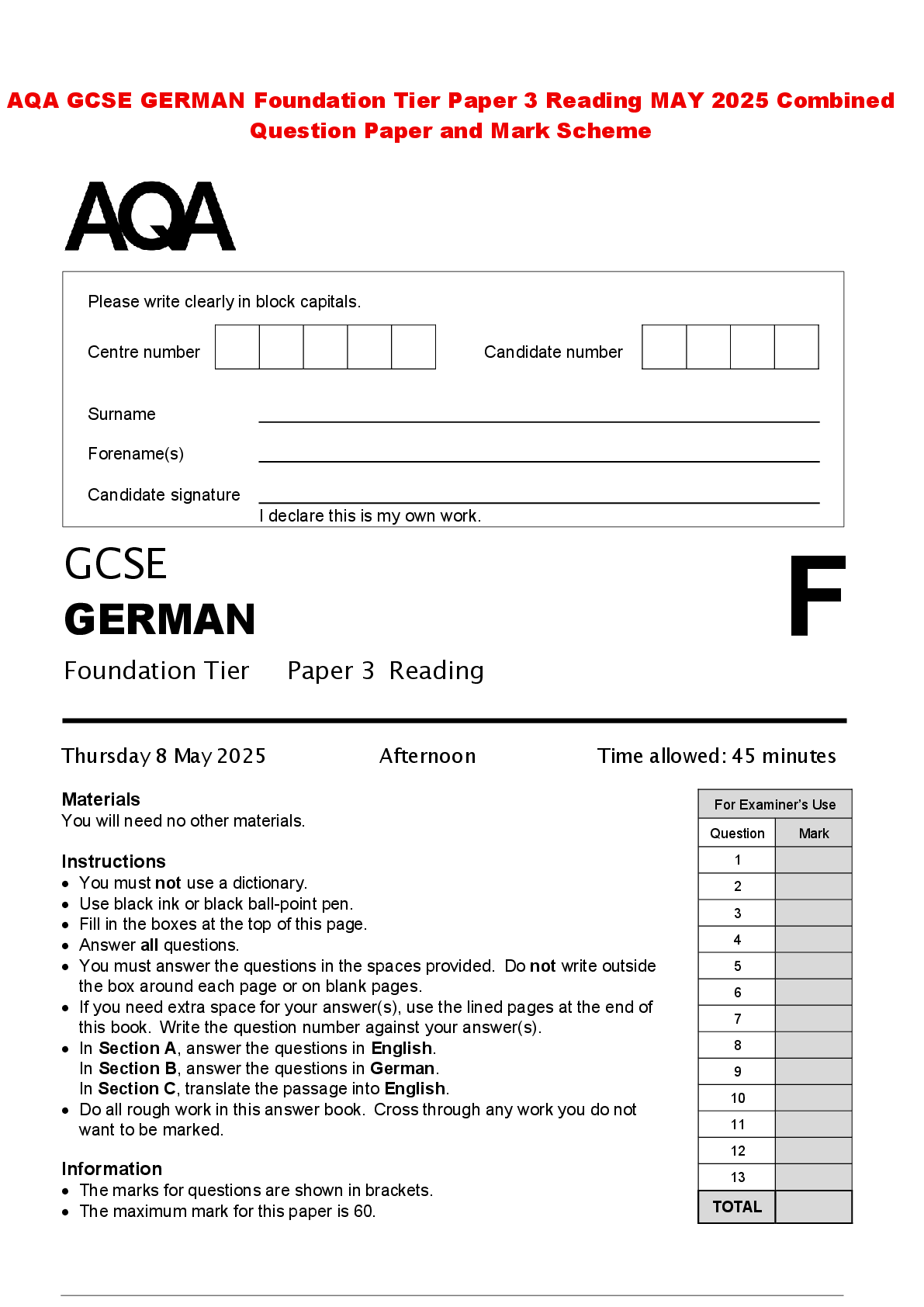 Recommended document preview for AQA GCSE GERMAN Foundation Tier Paper 3 Reading MAY 2025 Combined Question Paper and Mark Scheme