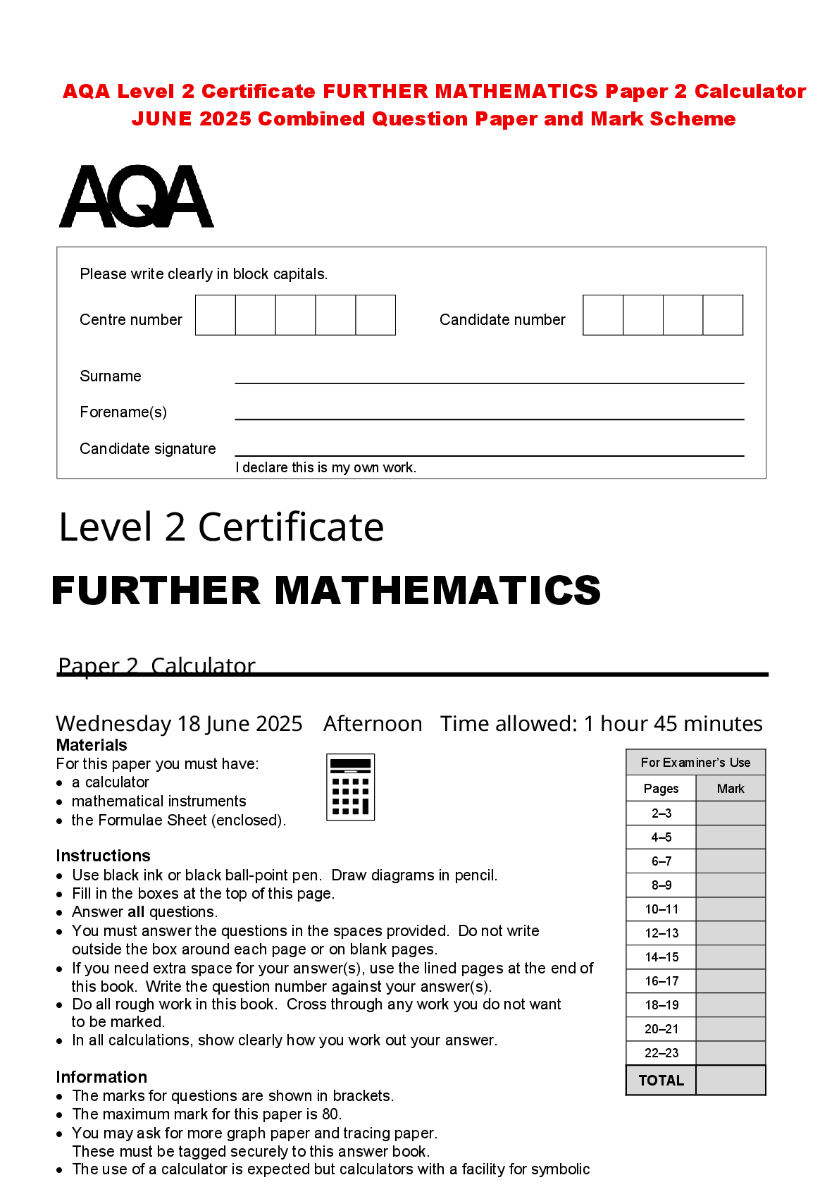 Recommended document preview for AQA Level 2 Certificate FURTHER MATHEMATICS Paper 2 Calculator JUNE 2025 Combined Question Paper and Mark Scheme