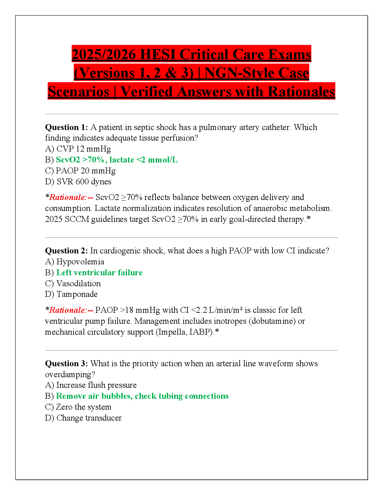 Preview of 2025/2026 HESI Critical Care Exams  (Versions 1, 2 & 3) | NGN-Style Case  Scenarios | Verified Answers with Rationales