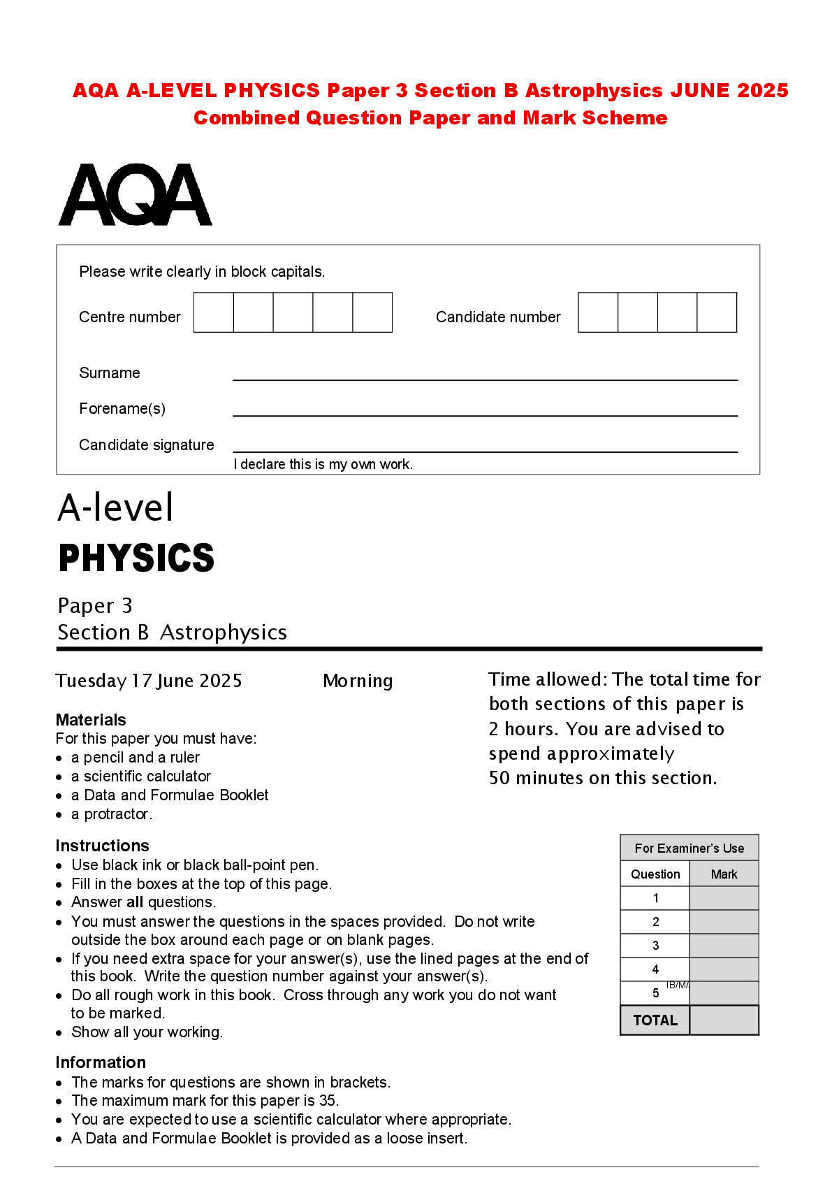 Recommended document preview for AQA A-LEVEL PHYSICS Paper 3 Section B Astrophysics JUNE 2025 Combined Question Paper and Mark Scheme