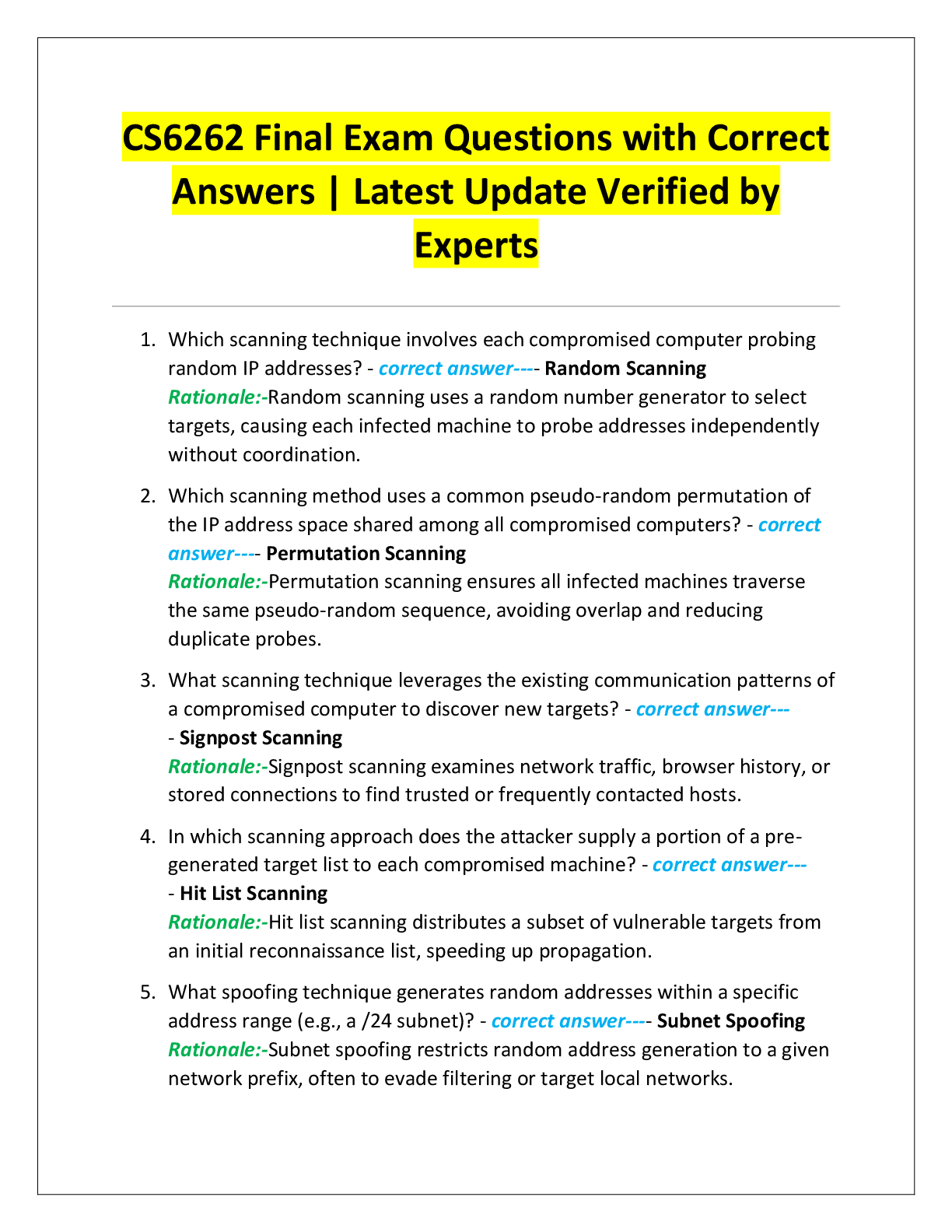 Recommended document preview for CS6262 Final Exam Questions with Correct  Answers | Latest Update Verified by  Experts