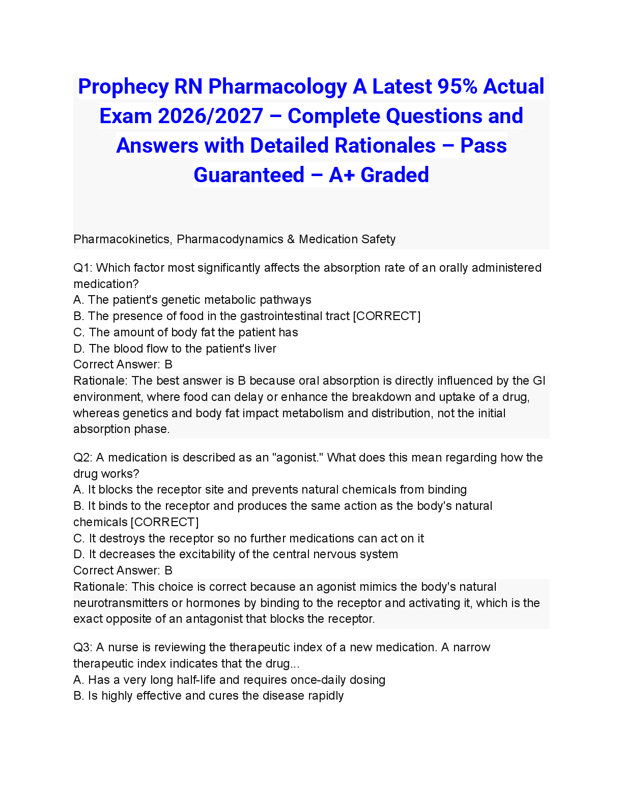 Preview of Prophecy RN Pharmacology A Latest 95% Actual Exam 2026/2027 – Complete Questions and Answe