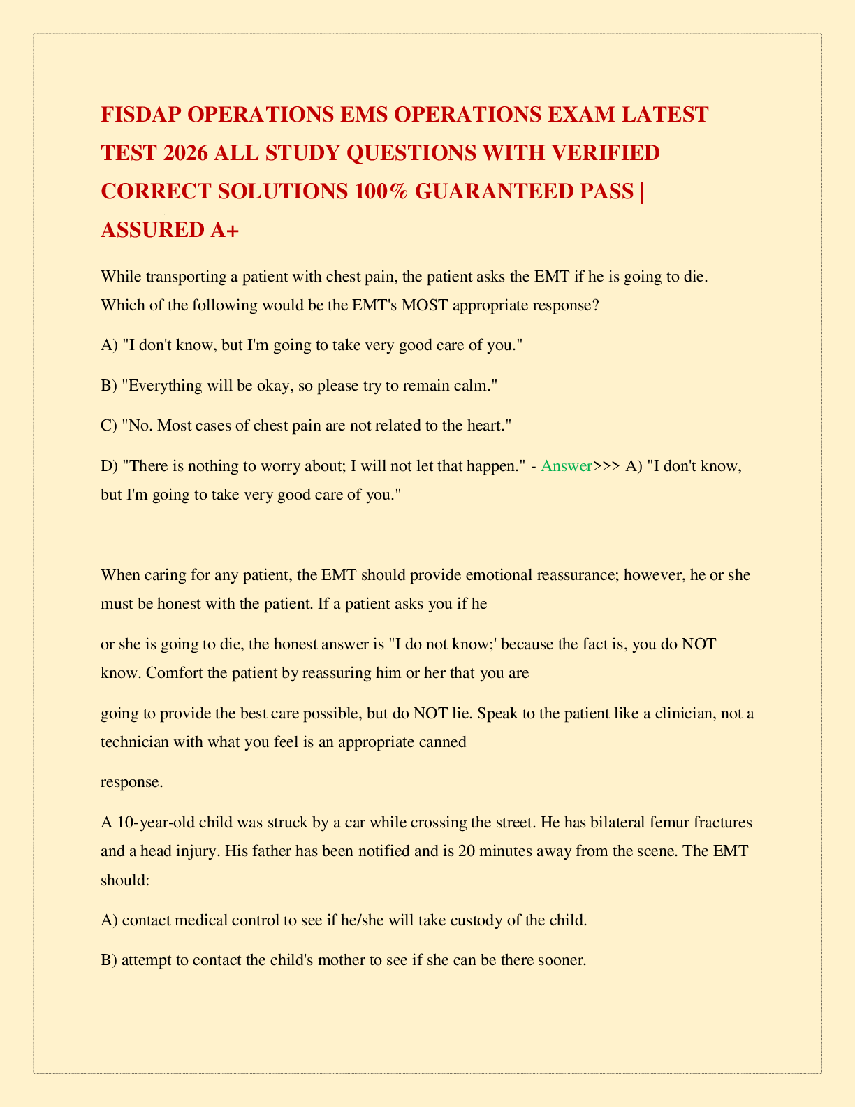 FISDAP OPERATIONS EMS OPERATIONS EXAM LATEST TEST 2026 ALL STUDY QUESTIONS WITH VERIFIED CORRECT SOLUTIONS 100% GUARANTEED PASS | ASSURED A+
