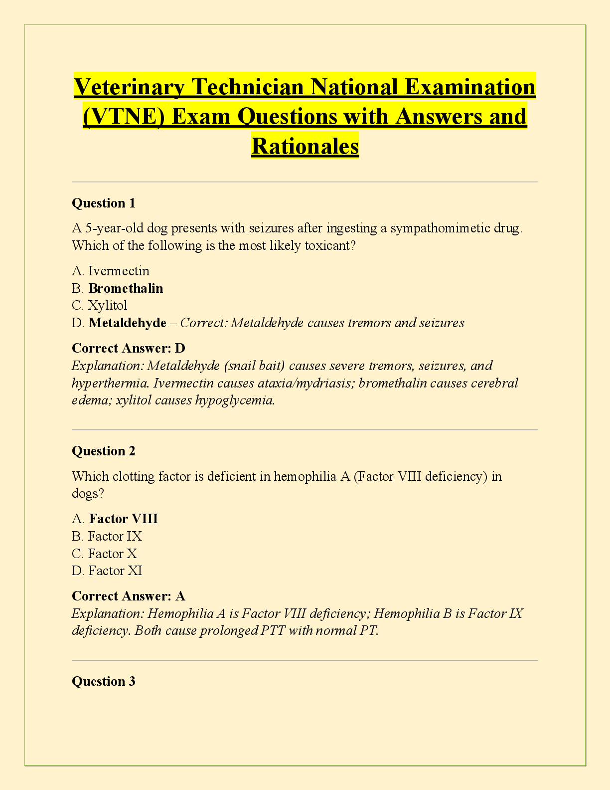 Preview of Veterinary Technician National Examination  (VTNE) Exam Questions with Answers and  Rationales