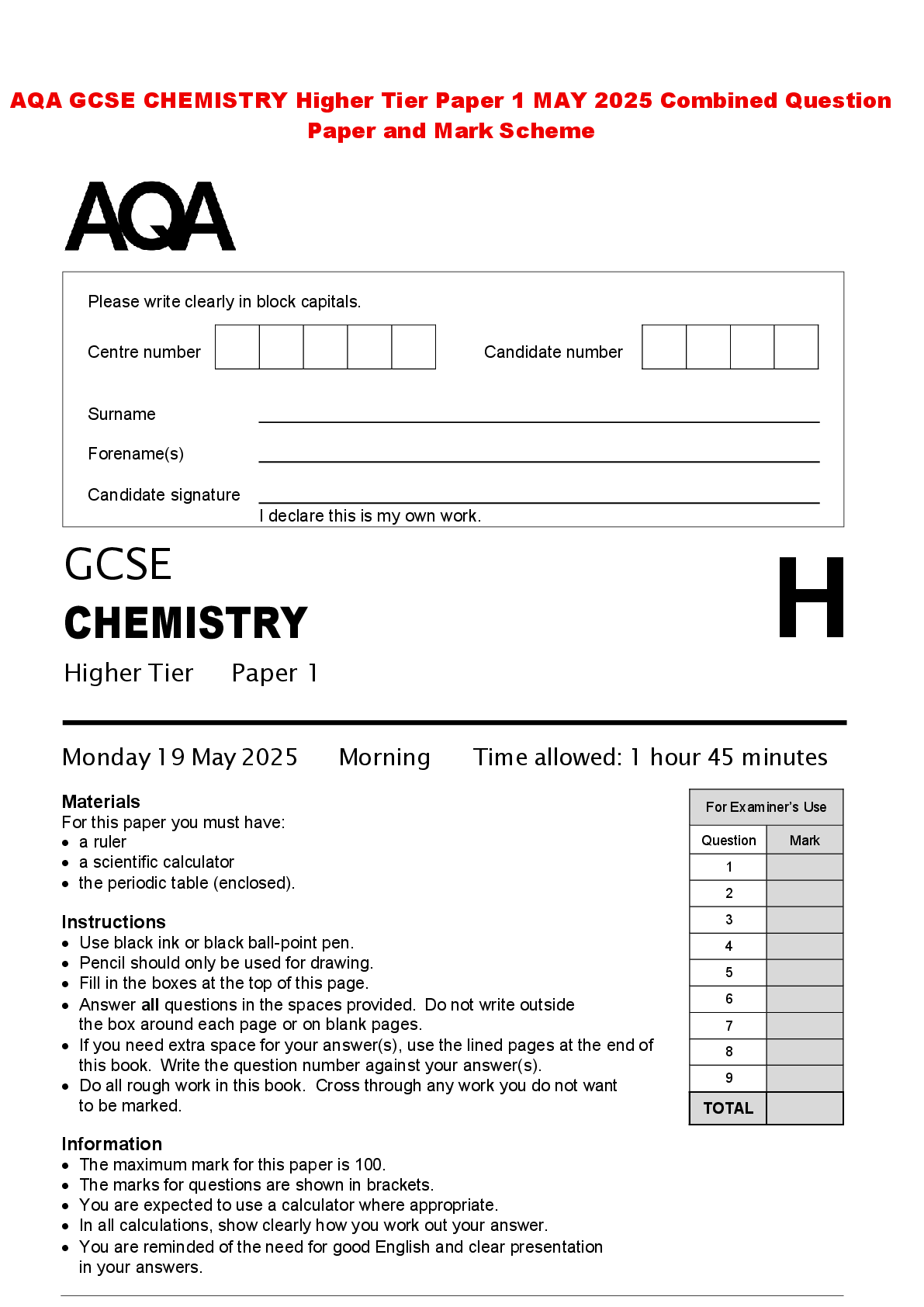 Recommended document preview for AQA GCSE CHEMISTRY Higher Tier Paper 1 MAY 2025 Combined Question Paper and Mark Scheme