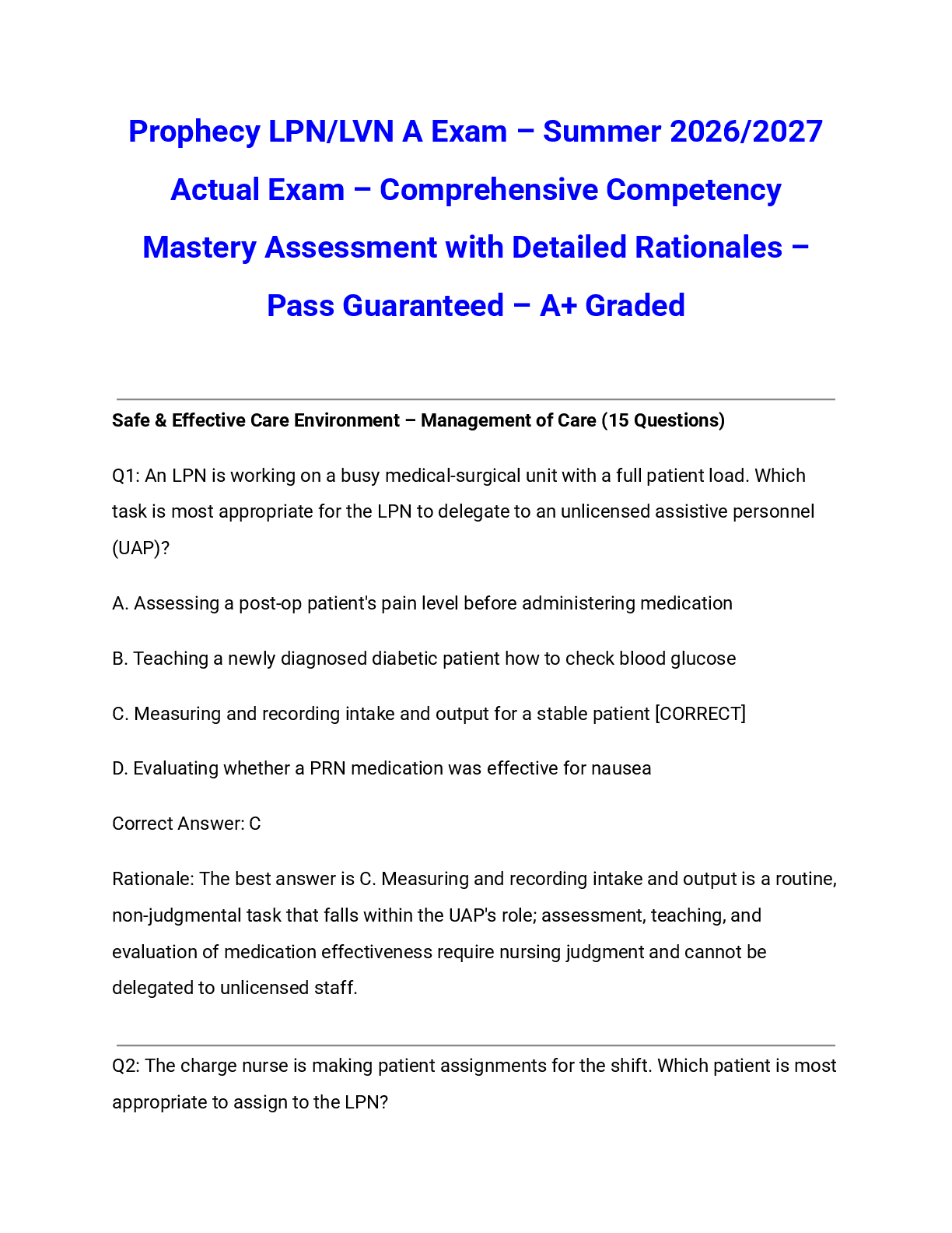Recommended document preview for Prophecy LPN/LVN A Exam – Summer 2026/2027 Actual Exam – Comprehensive Competency Mastery Assessment with Detailed Rationales – Pass Guaranteed – A+ Graded