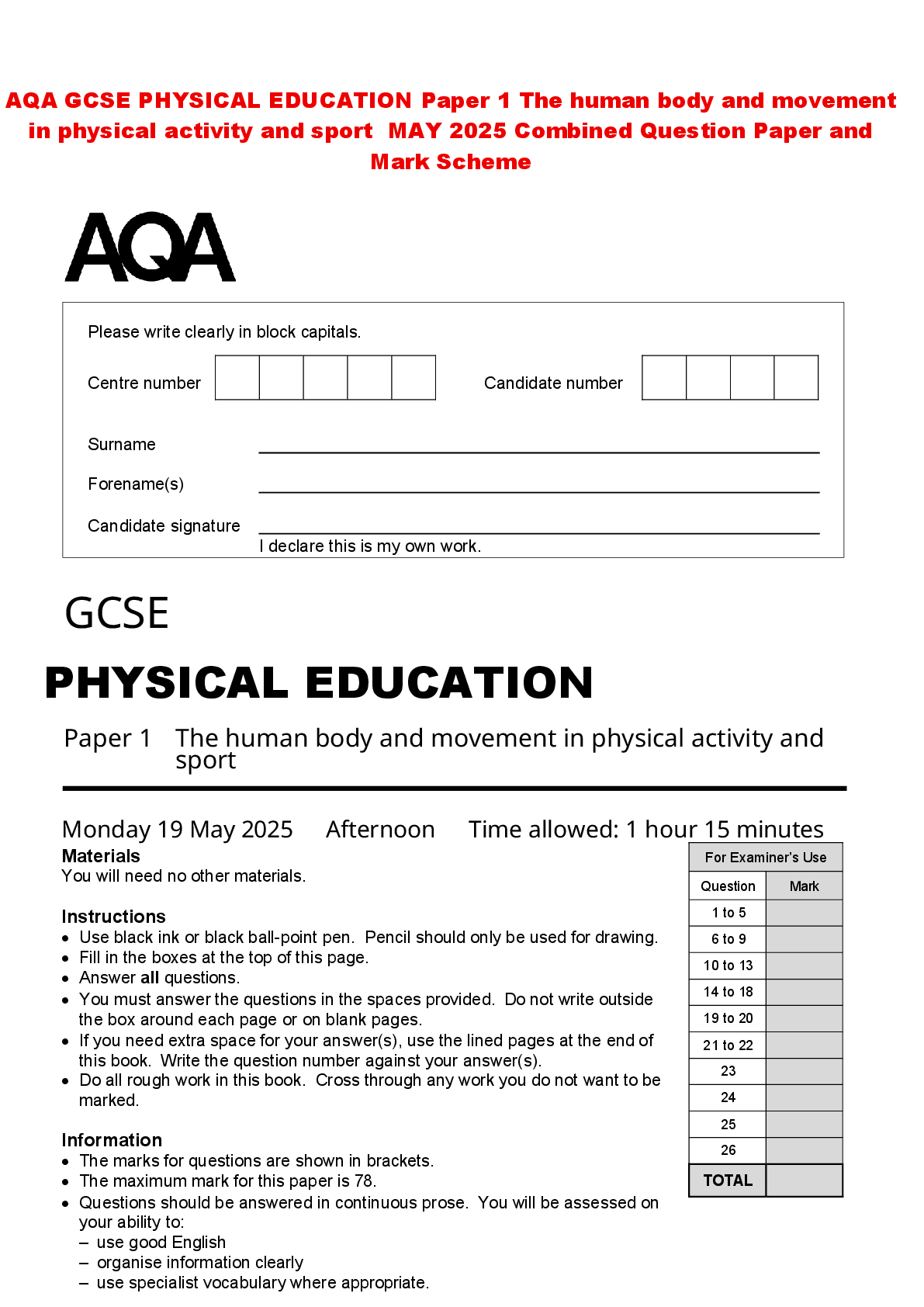 Recommended document preview for AQA GCSE PHYSICAL EDUCATION Paper 1 The human body and movement in physical activity and sport MAY 2025 Combined Question Paper and Mark Scheme