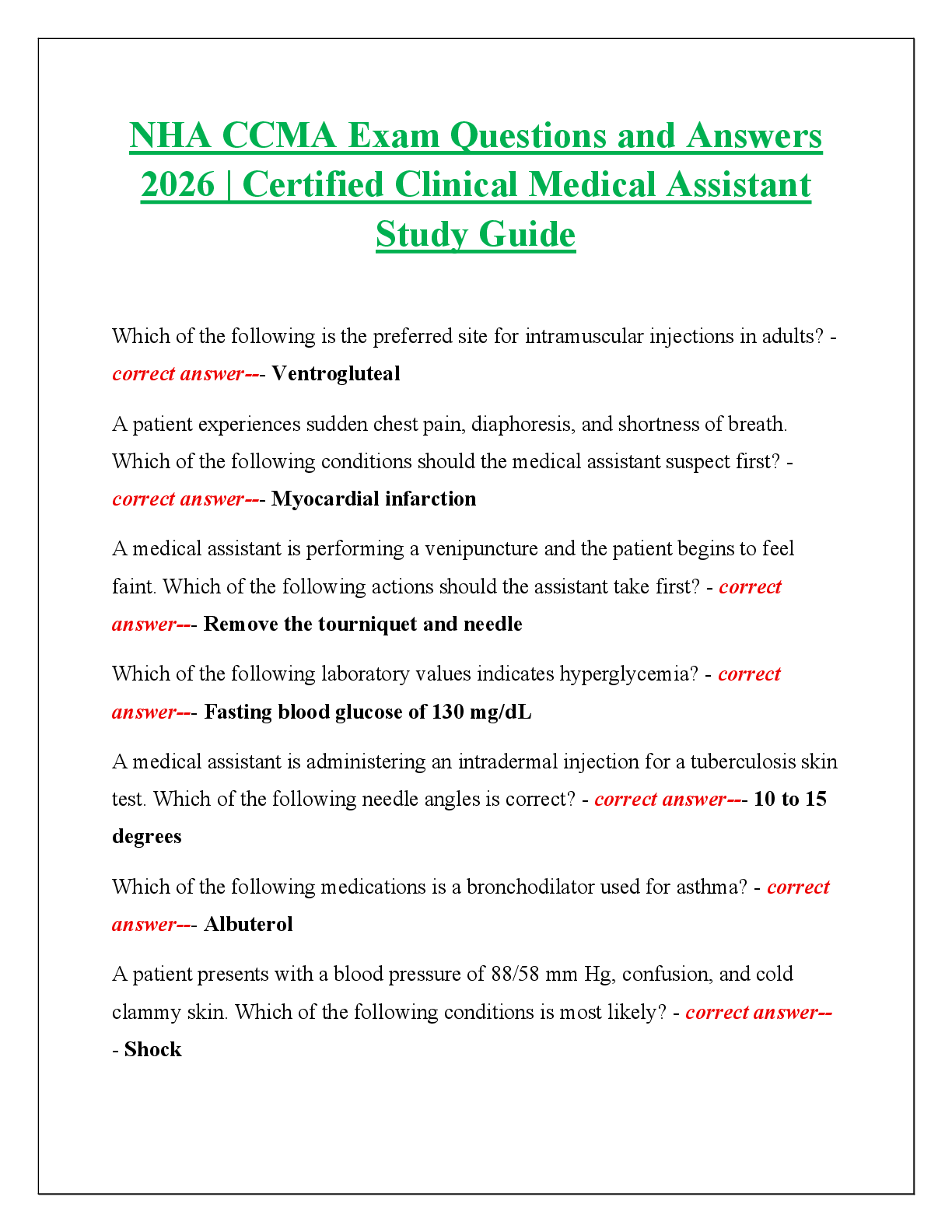 Recommended document preview for NHA CCMA Exam Questions and Answers  2026 | Certified Clinical Medical Assistant  Study Guide