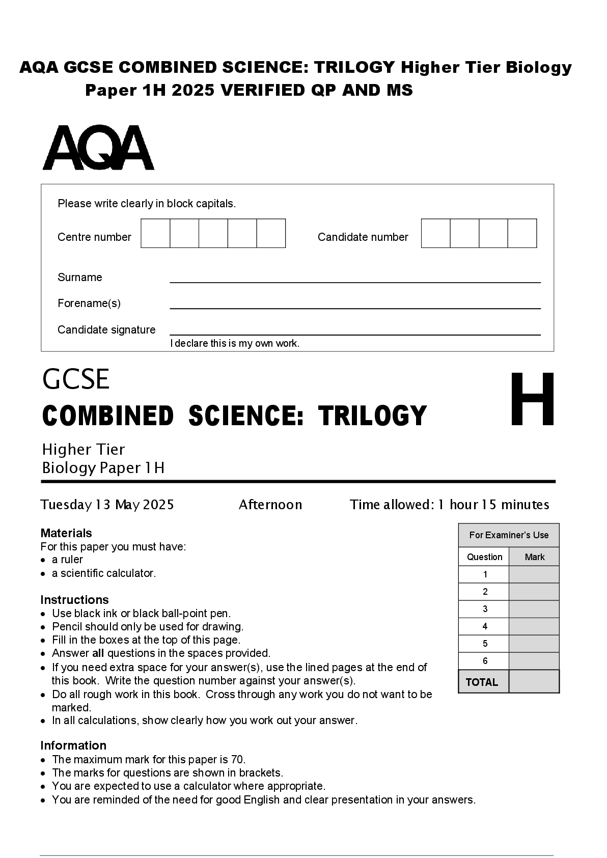 Preview of AQA GCSE COMBINED SCIENCE: TRILOGY Higher Tier Biology  Paper 1H 2025 VERIFIED QP AND MS