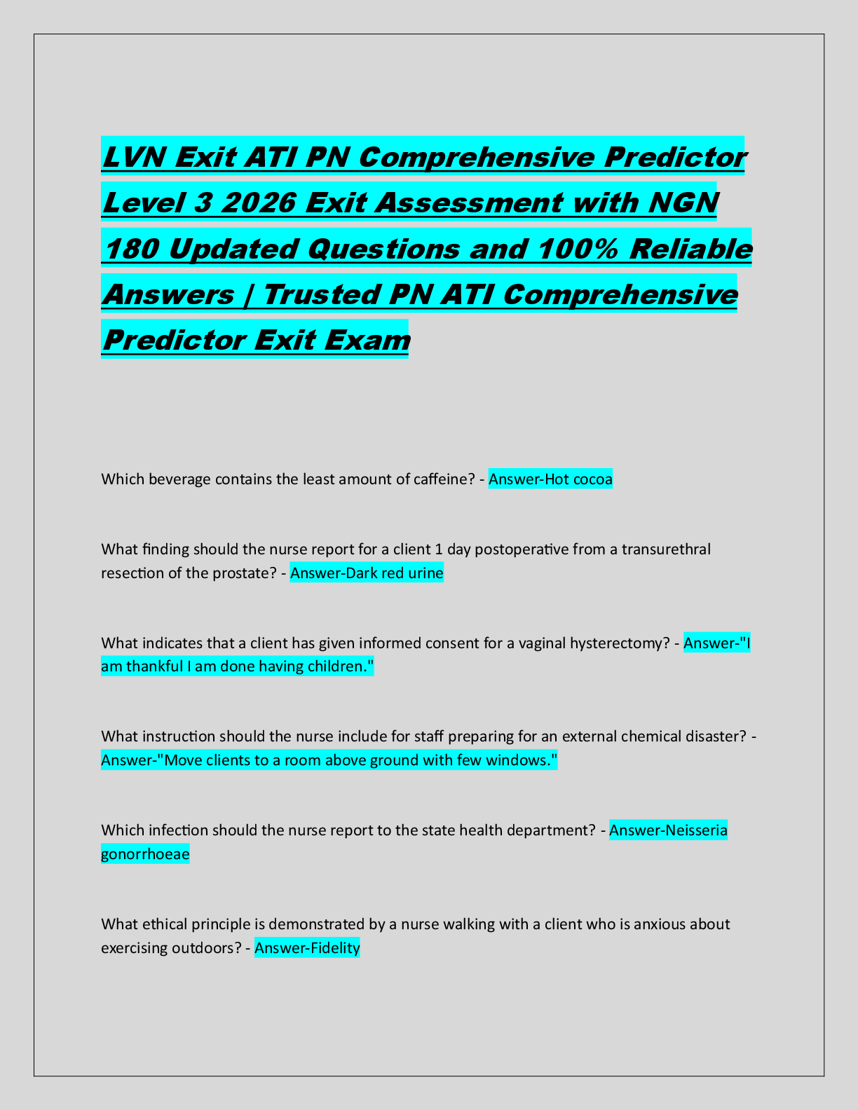 Recommended document preview for LVN Exit ATI PN Comprehensive Predictor  Level 3 2026 Exit Assessment with NGN  180 Updated Questions and 100% Reliable  Answers | Trusted PN ATI Comprehensive  Predictor Exit Exam