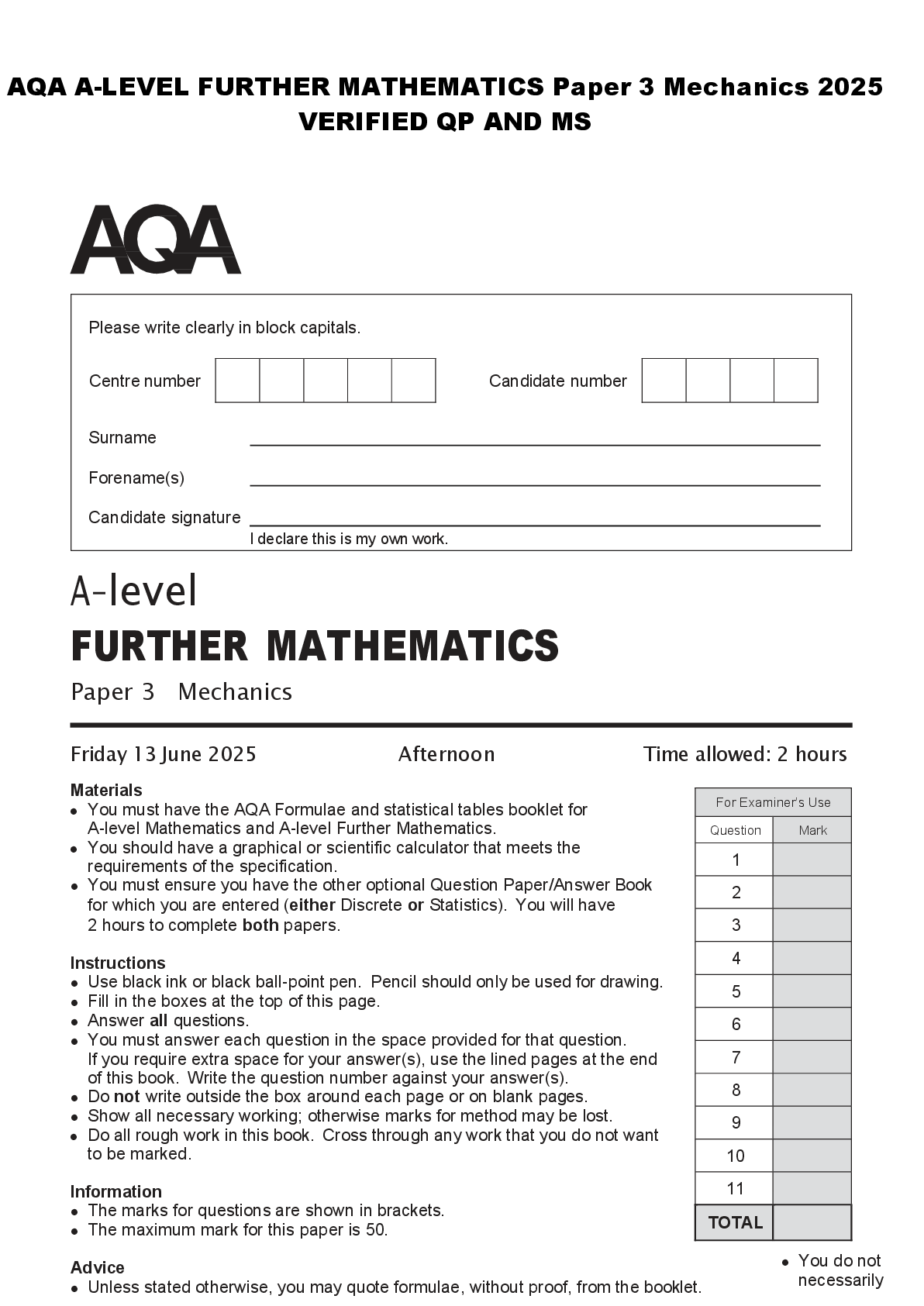 Preview of AQA A-LEVEL FURTHER MATHEMATICS Paper 3 Mechanics 2025  VERIFIED QP AND MS