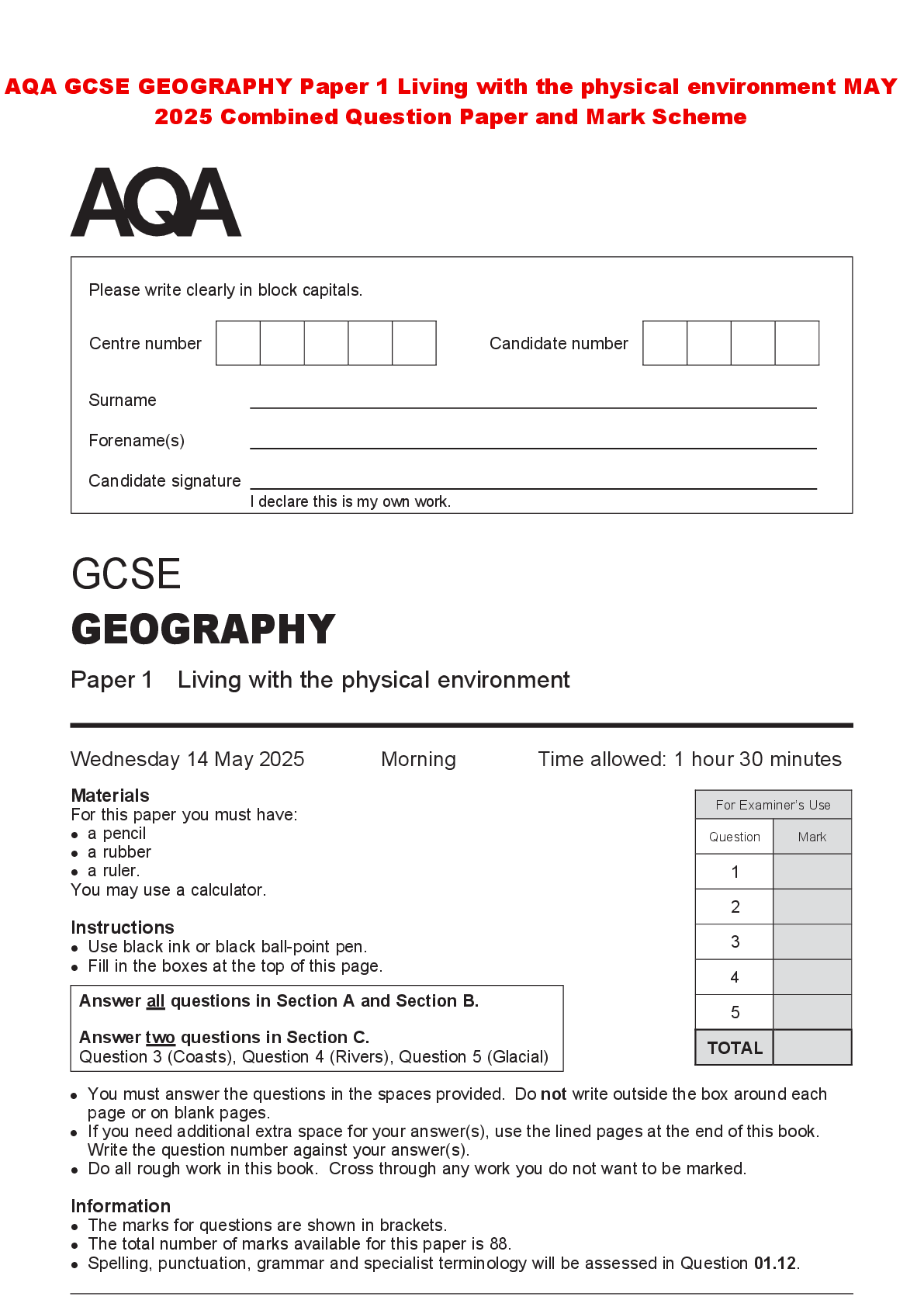 Preview of AQA GCSE GEOGRAPHY Paper 1 Living with the physical environment MAY 2025 Combined Question