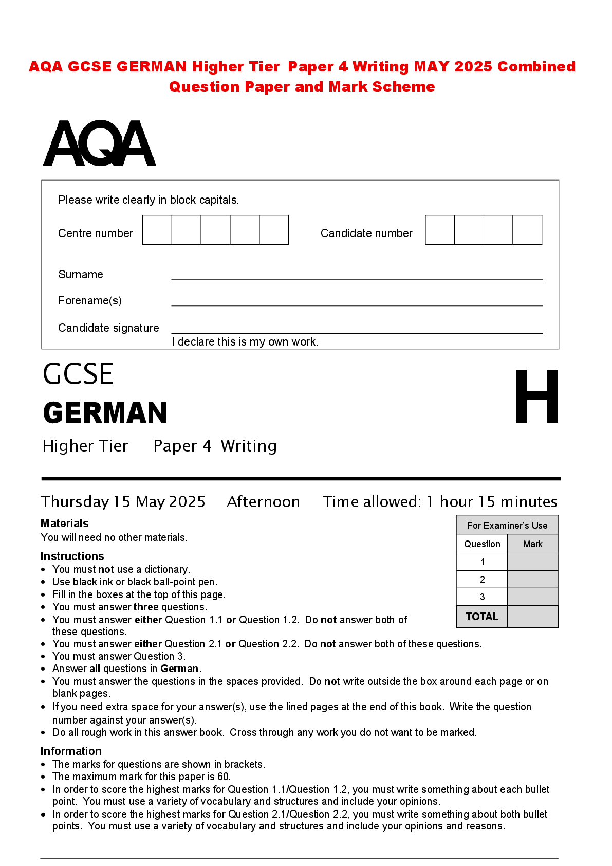 Recommended document preview for AQA GCSE GERMAN Higher Tier Paper 4 Writing MAY 2025 Combined Question Paper and Mark Scheme