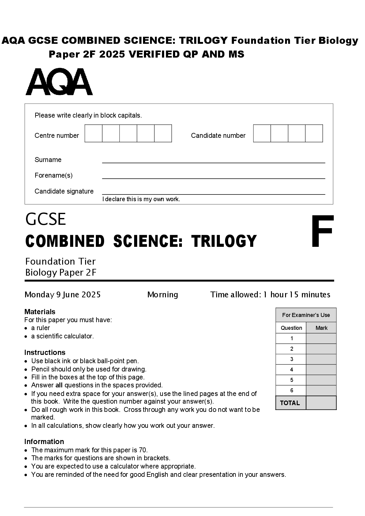 Preview of AQA GCSE COMBINED SCIENCE: TRILOGY Foundation Tier Biology  Paper 2F 2025 VERIFIED QP AND