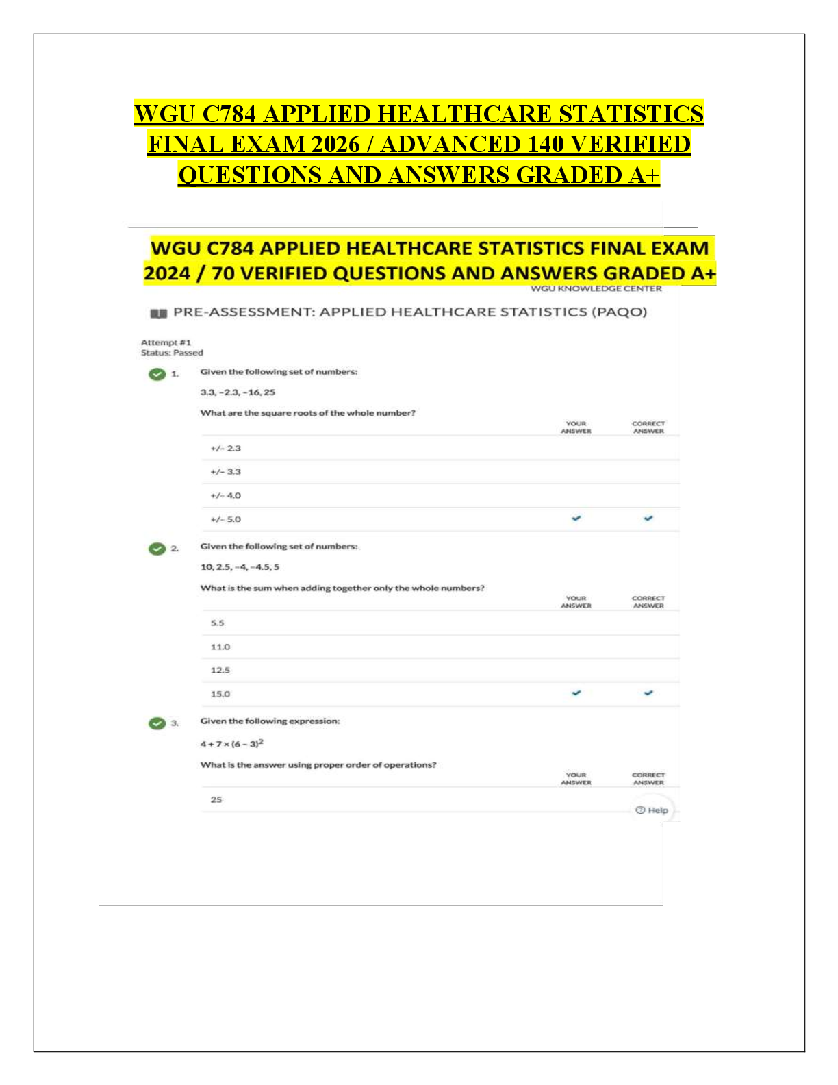 Preview of WGU C784 APPLIED HEALTHCARE STATISTICS  FINAL EXAM 2026 / ADVANCED 140 VERIFIED  QUESTIONS AND ANSWERS GRADED A+