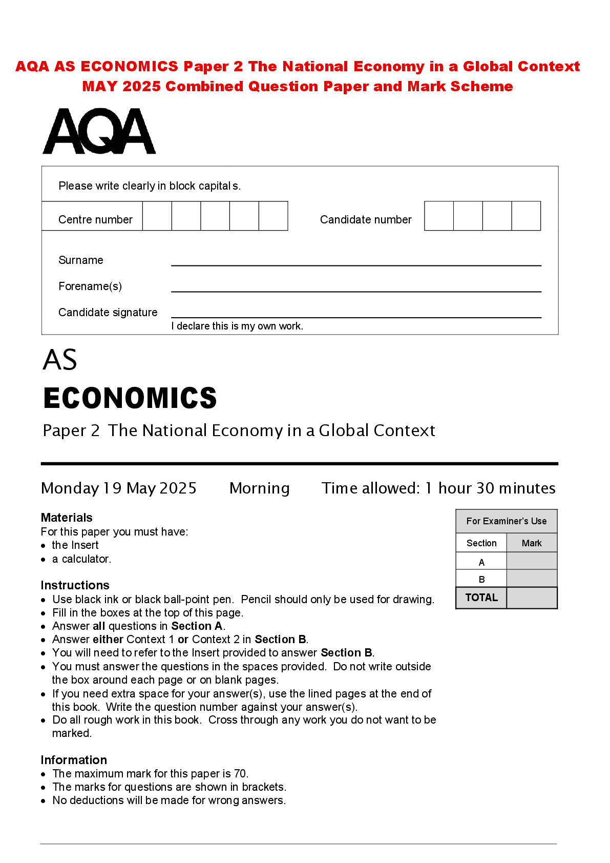 Recommended document preview for AQA AS ECONOMICS Paper 2 The National Economy in a Global Context MAY 2025 Combined Question Paper and Mark Scheme